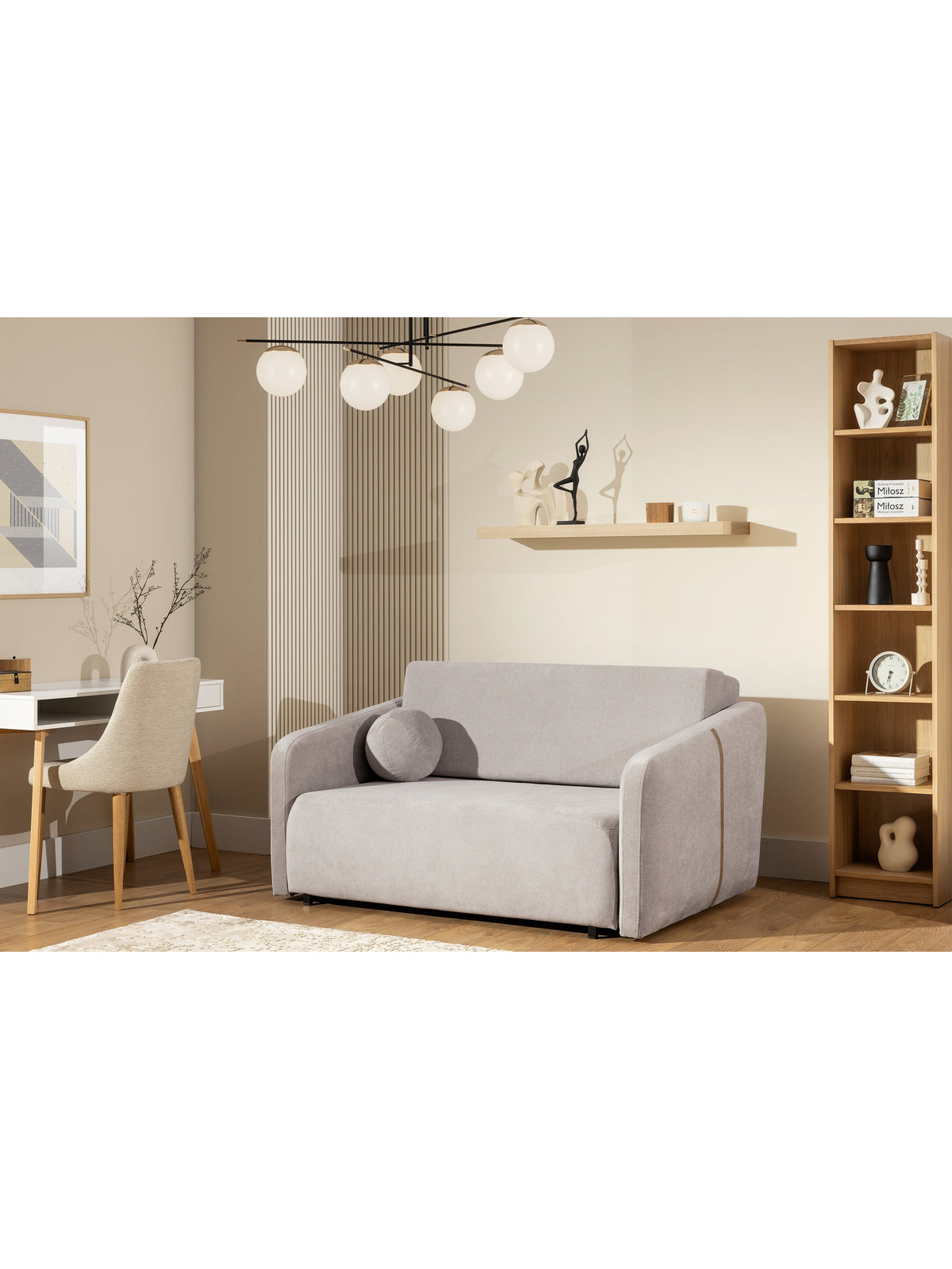 Sofa Zeldia 105 v světle šedé barvě s černými nohami a rozkládací funkcí