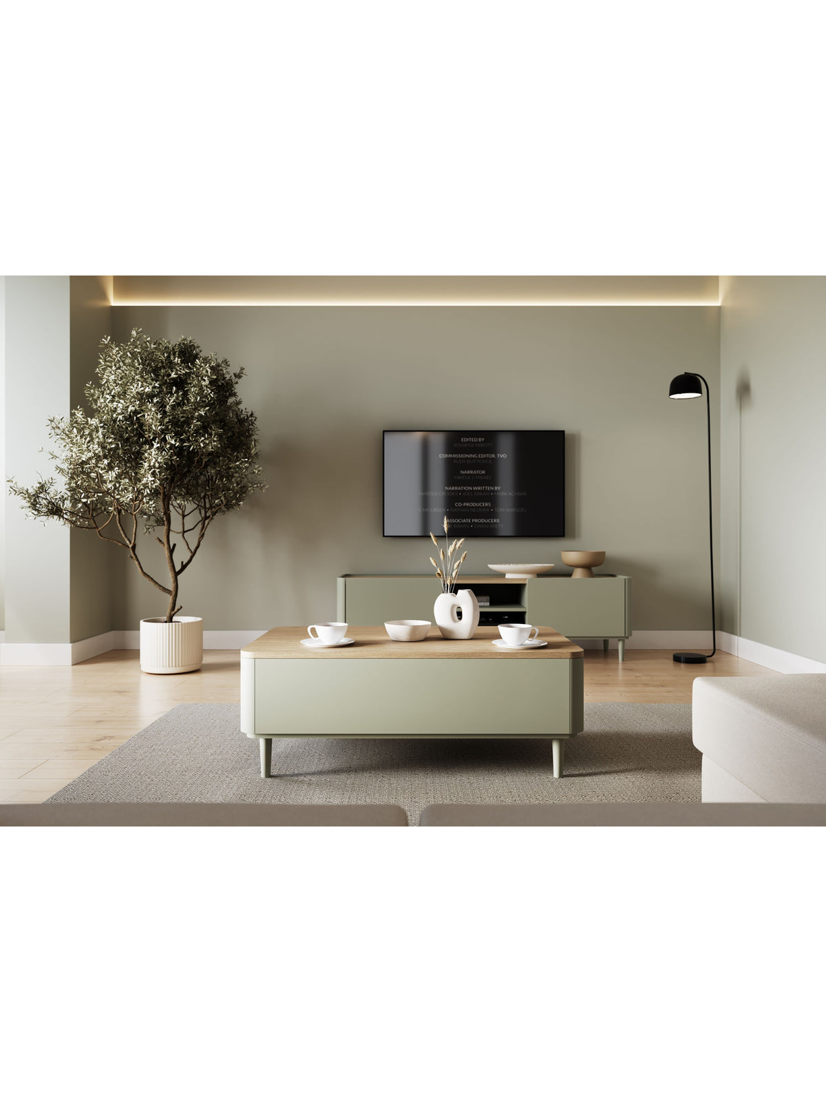 Konferenční stolek Amilio 100 cm s šuplíky v barvě eukalyptu a deskou dub baltic dune