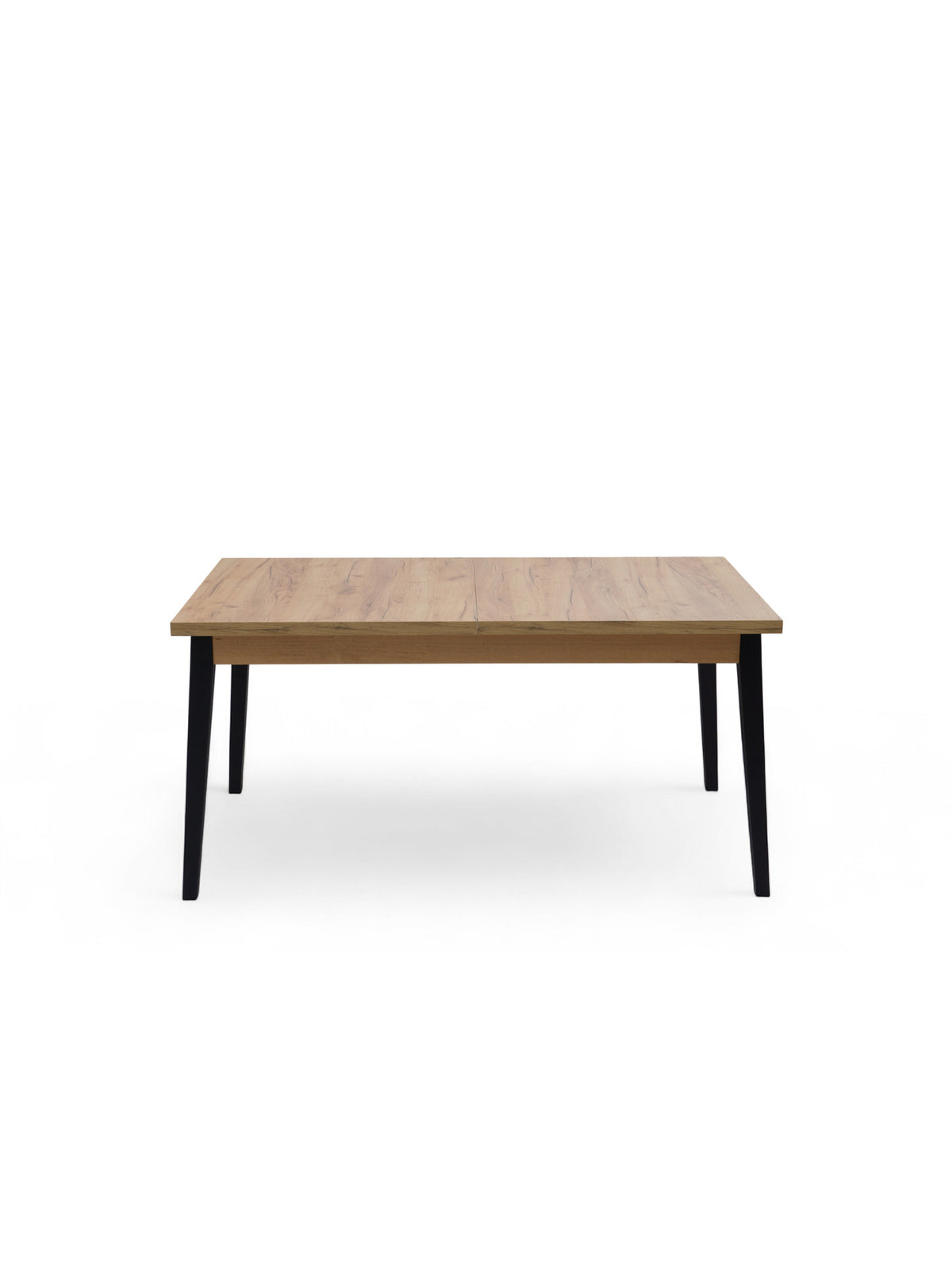 Stół rozkładany Paris 140-180x80 cm z dębowym blatem i czarnymi nogami, widok z przodu