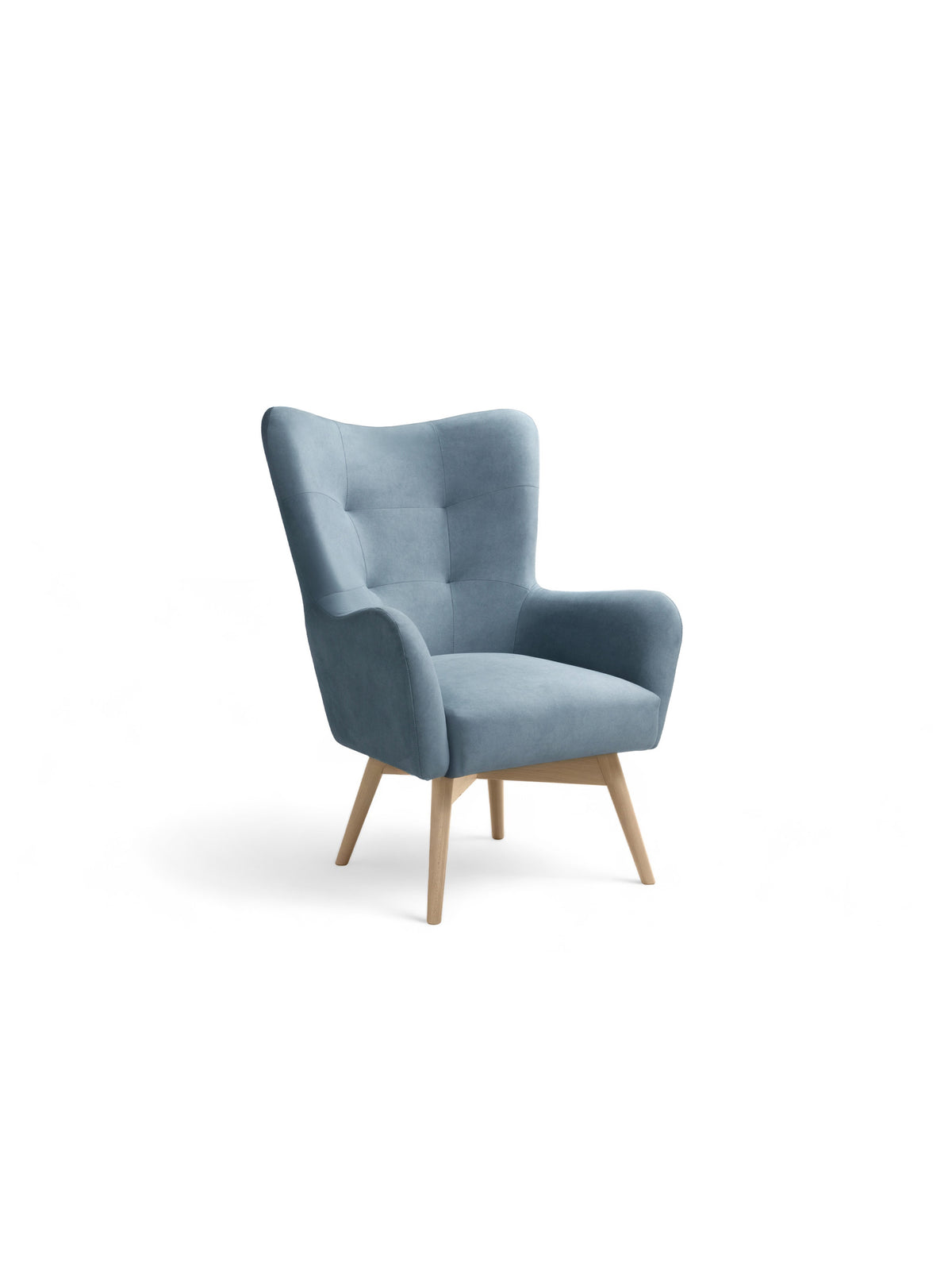 Skandinávské křeslo Uszak Nordic modrý velvet Cloud 70 s bukovými nohami