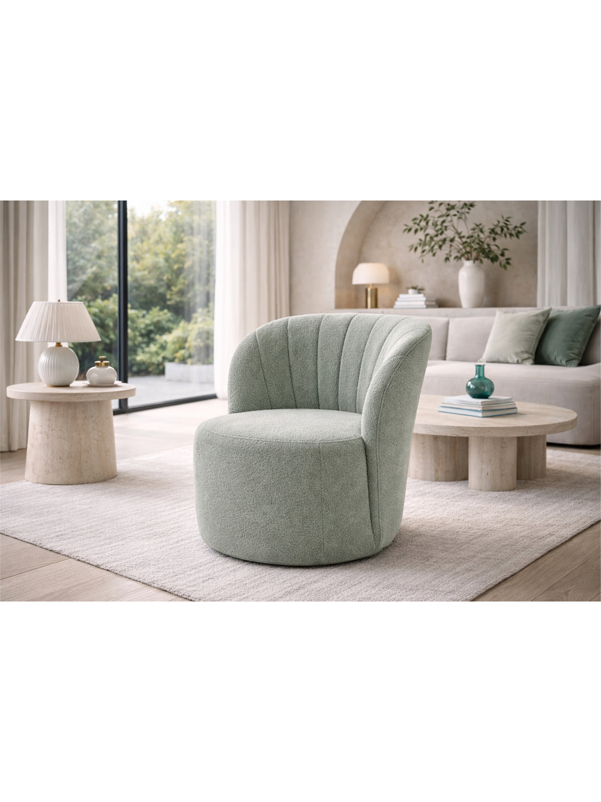 Fotel wypoczynkowy Soya obrotowy zielony boucle Catch Me 13 w stylu Modern Organic