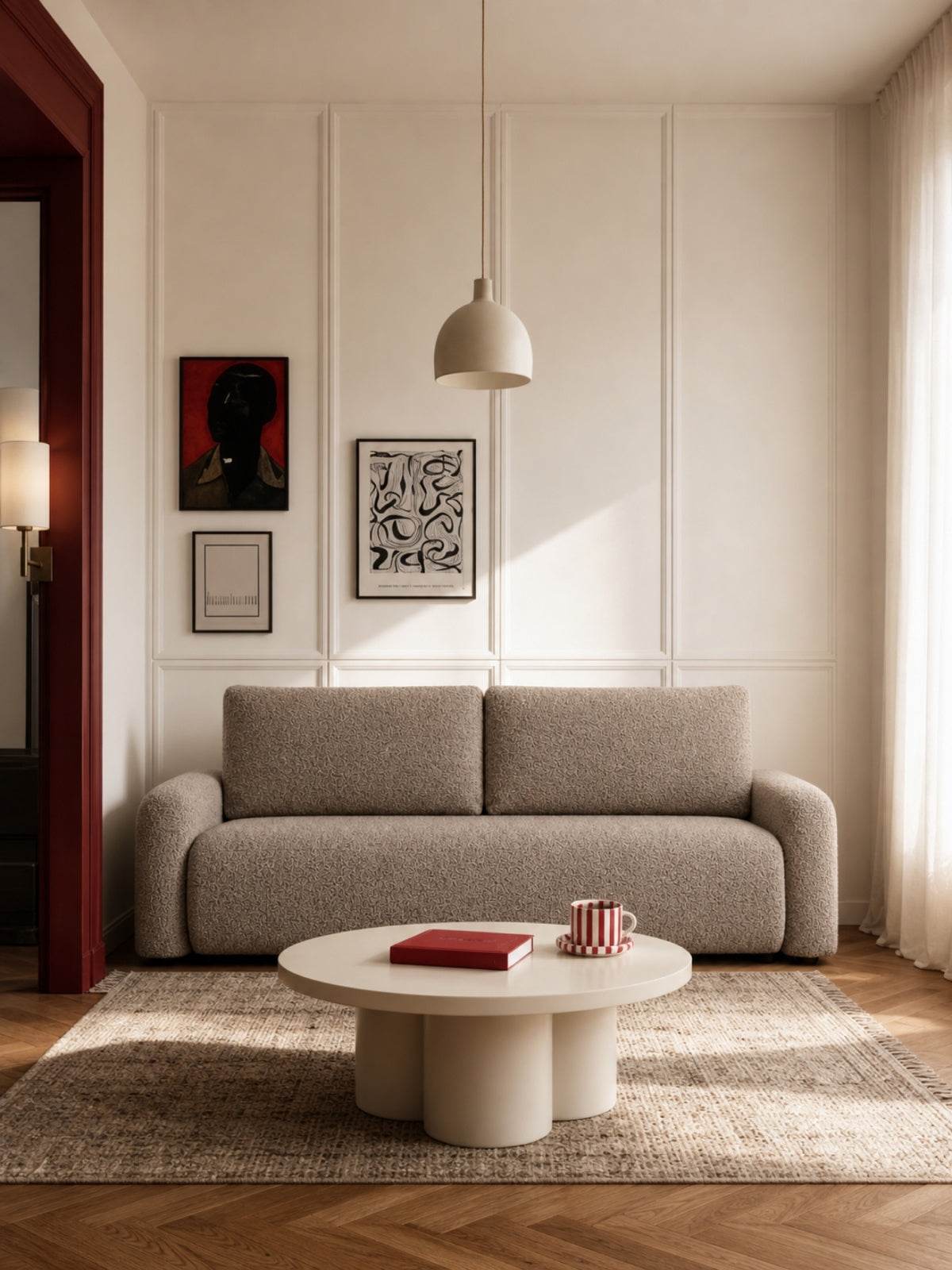 Sofa Serano tmavě béžová látka Bella 10 třímístná moderní, pohled zepředu