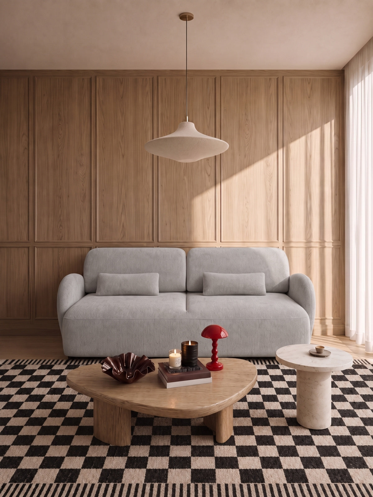 Rozkládací pohovka Elora v šedém szenilovém materiálu Vibe 86, moderní design, třímístná