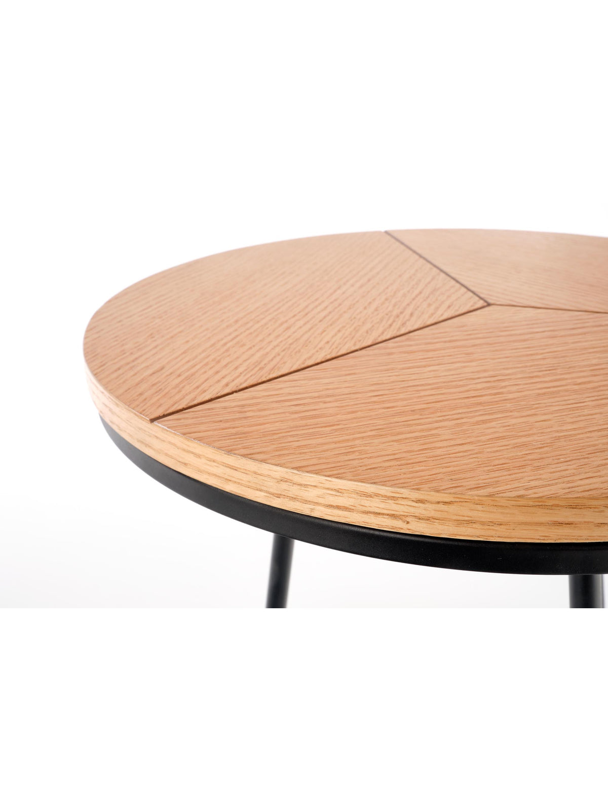 Kulatý konferenční stolek Diara S 45 cm přírodní dub s černými kovovými nohami, detail desky