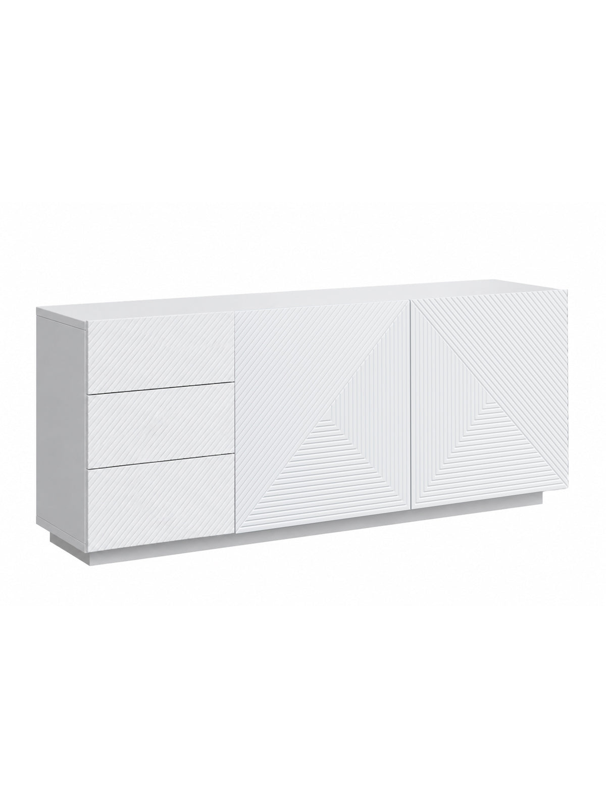 Komoda Asha 167 cm bílá matná s dvěma dveřmi a třemi zásuvkami, ryhovaný přední panel