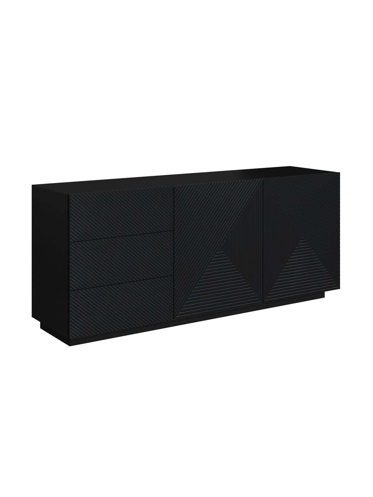 Komoda Asha 167 cm černá matná, dvoudveřová s třemi zásuvkami, ryhovaný přední panel