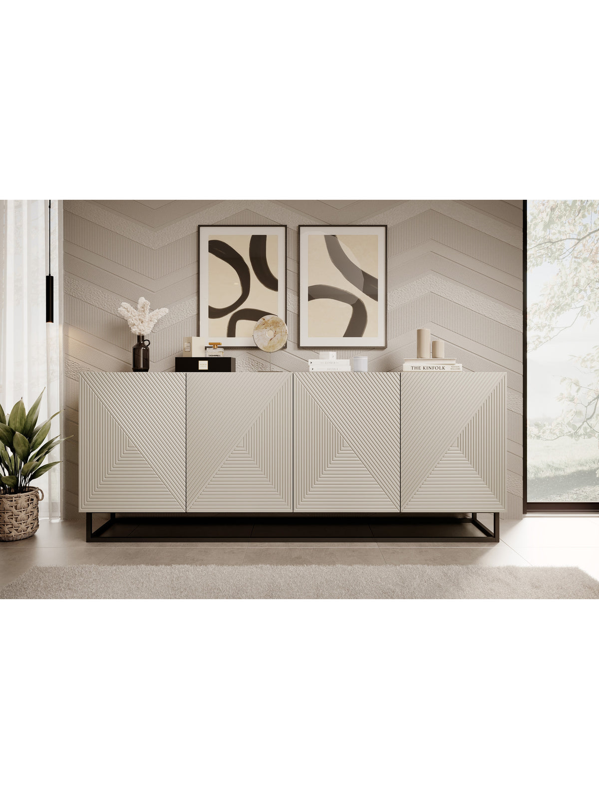 Komoda Asha 200 cm s čtyřmi dveřmi béžová kasmírová s černým kovovým rámem, žebrované čela