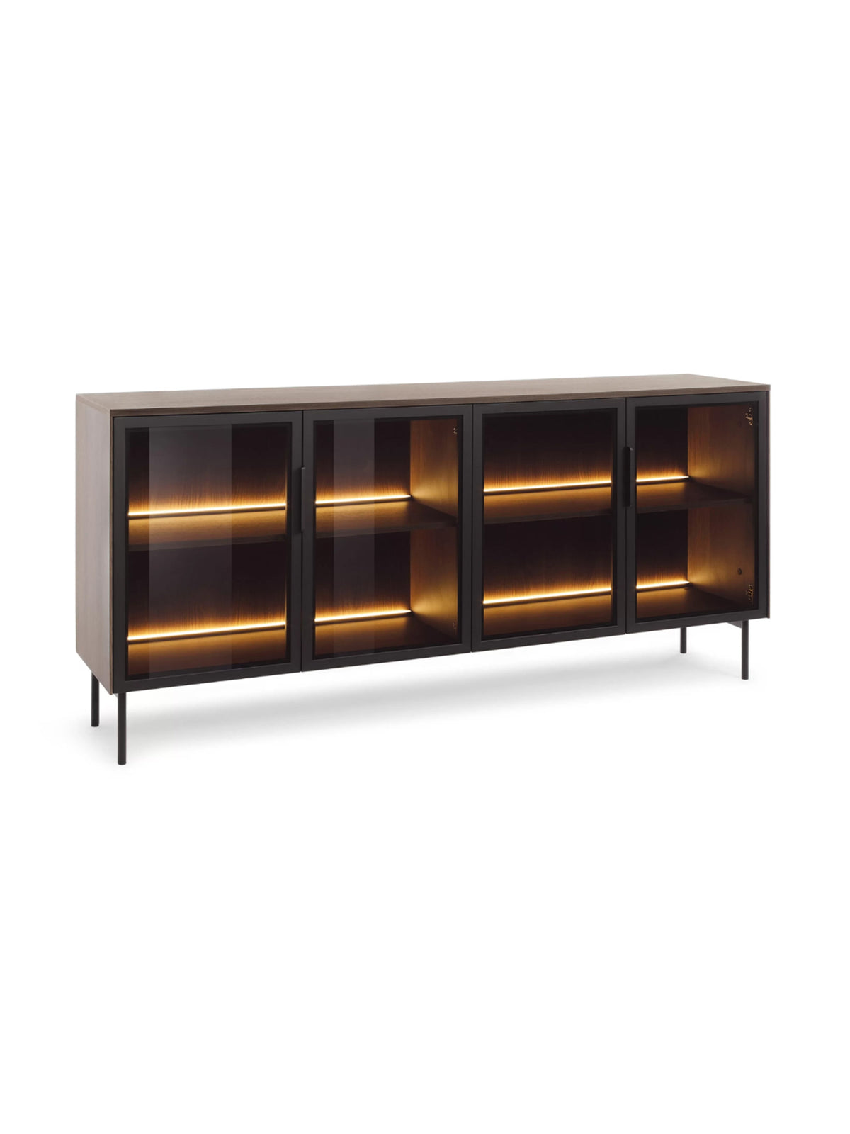 Komoda Auri 181 cm v barvě dub dunin s černými úchyty a LED osvětlením