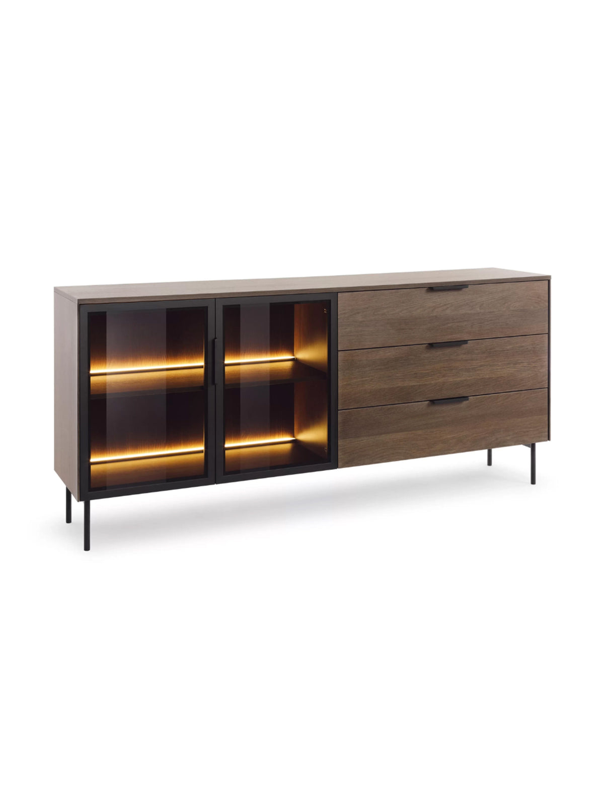 Komoda Auri 181 cm s šuplíky a LED osvětlením, dub dunin a černé nohy