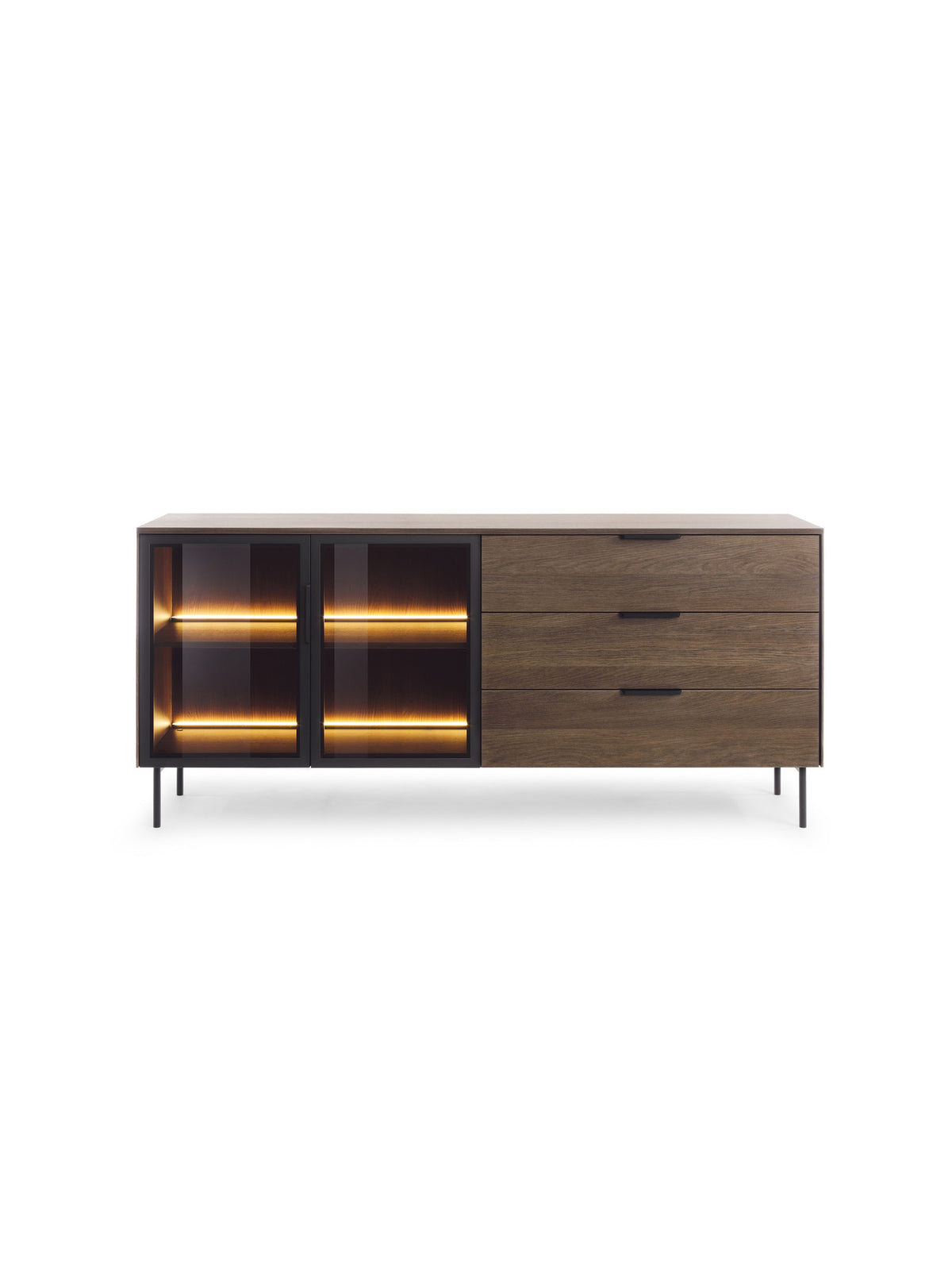 Komoda Auri 181 cm s LED osvětlením, zásuvkami, dub dunin a černými nohami