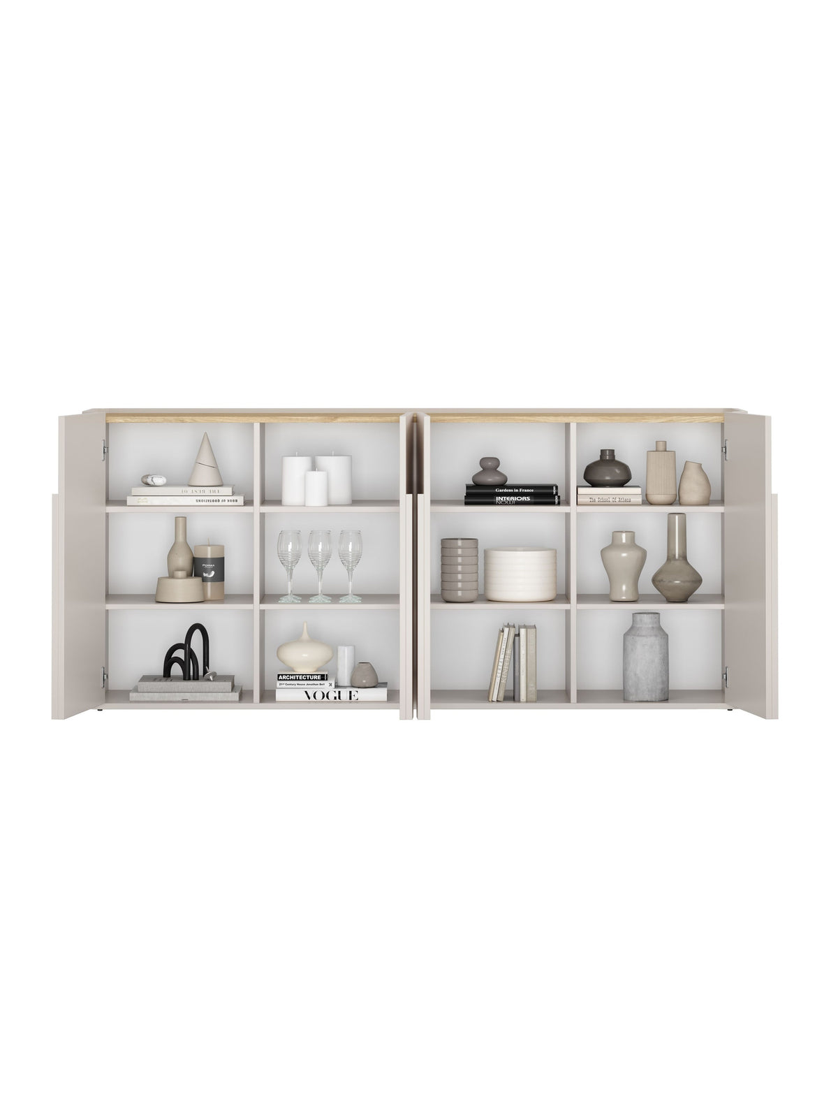 Komoda Amilio 200 cm se čtyřmi dvířky v barvě kašmíru s olejovanou dubovou deskou, vnitřek s osmi policemi