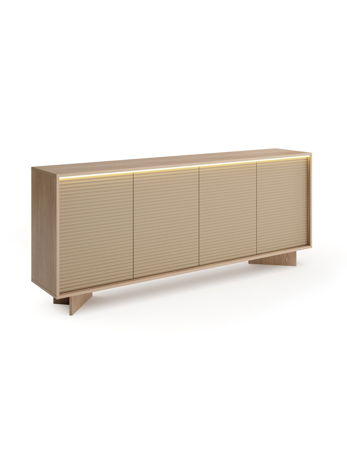 Čtyřdveřová komoda Erini 204 cm v barvách bolivar naturalní a cappuccino s LED osvětlením