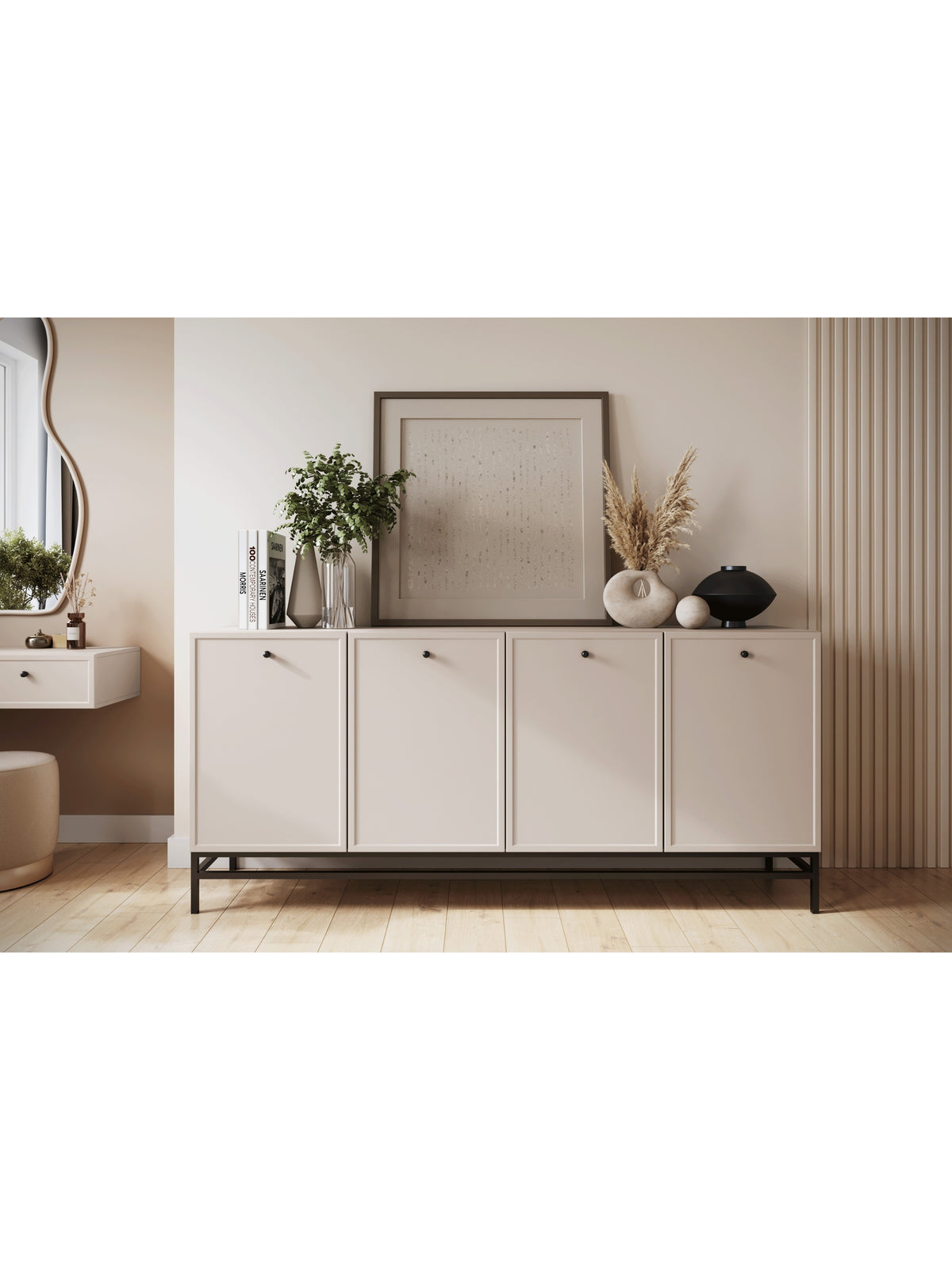 Komoda Lorini 200 cm czterodrzwiowa w kolorze kaszmirowym z czarnymi uchwytami i stelażem