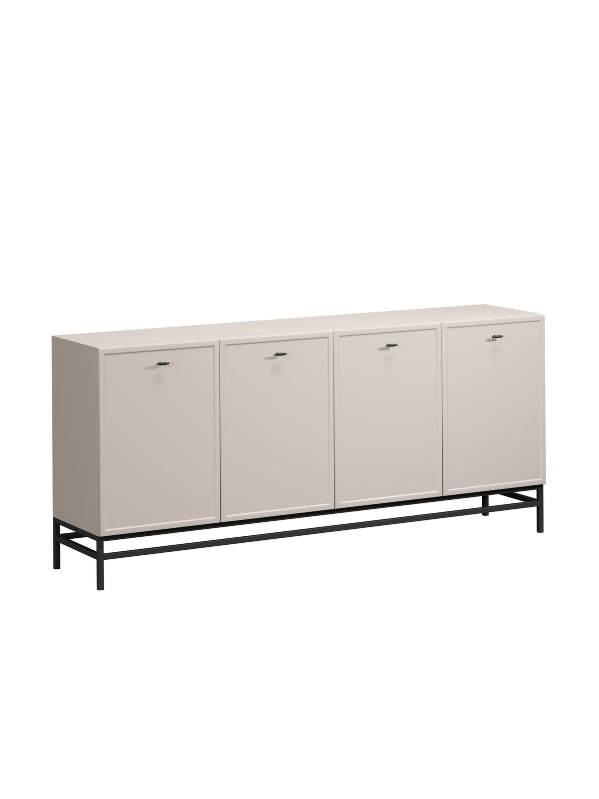 Komoda Lorini 200 cm czterodrzwiowa w kolorze kaszmir z czarnym stelażem i uchwytami T-bar