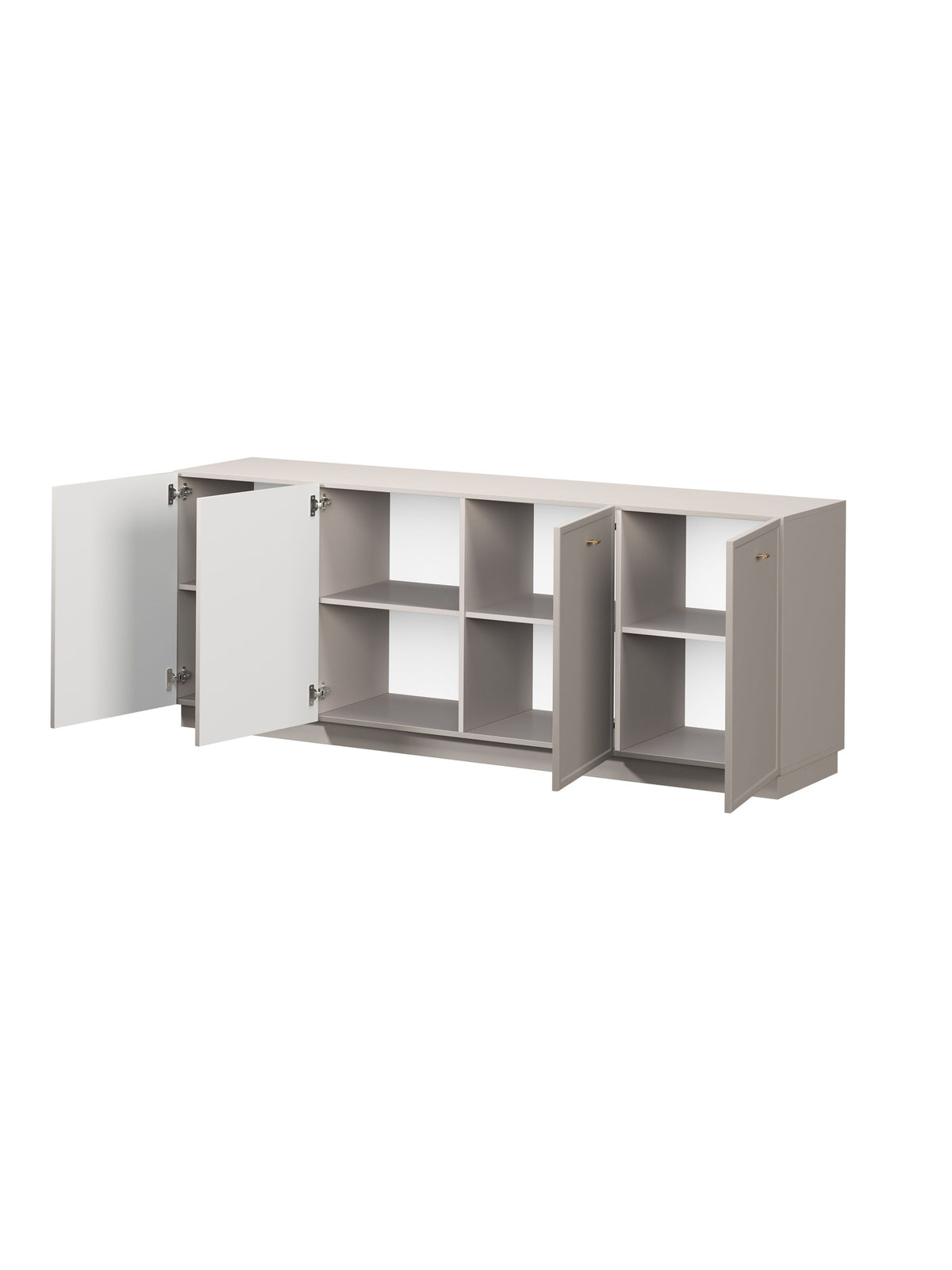 Komoda Lorini 200 cm czterodrzwiowa kaszmir z złotymi uchwytami T-bar, otwarte drzwi