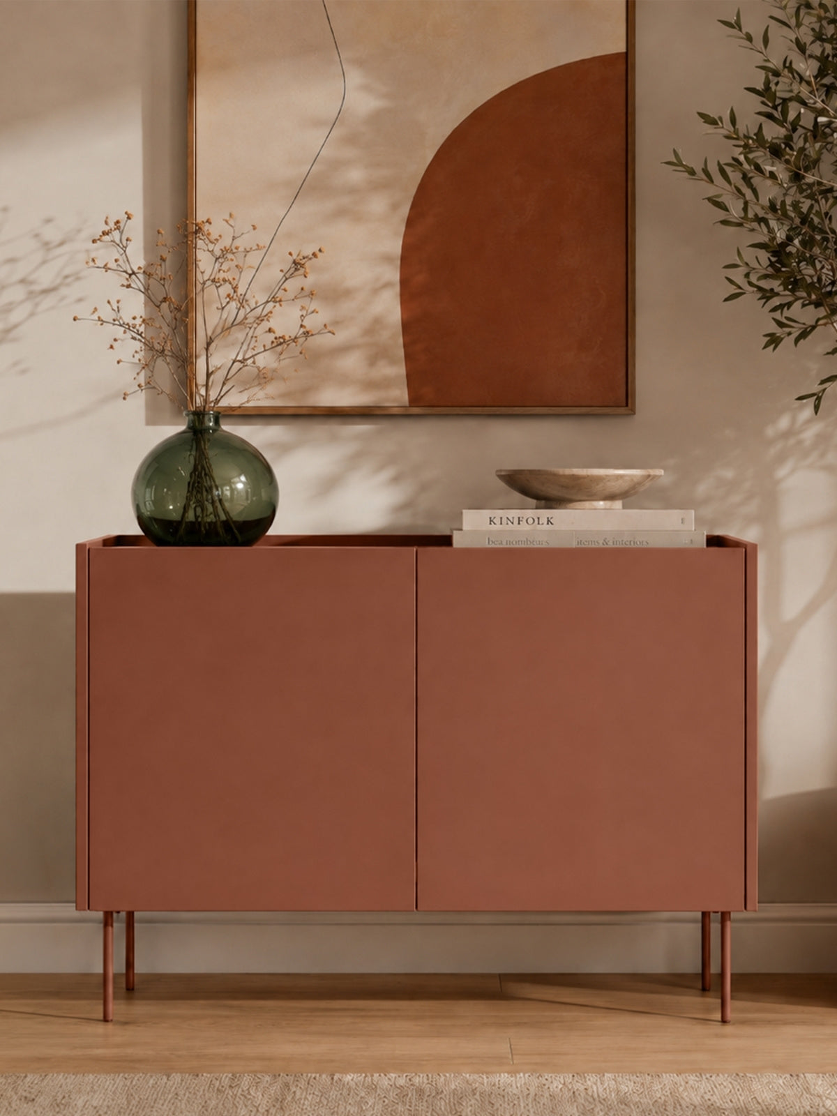 Komoda Desin 120 cm dvoudveřová z dwiema ukrytymi zásuvkami - Červený / ceramic red / dub nagano