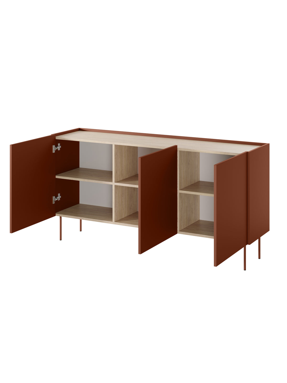 Komoda Desin 170 cm s třemi dveřmi v barvě ceramic red s dřevěnou deskou dąb nagano