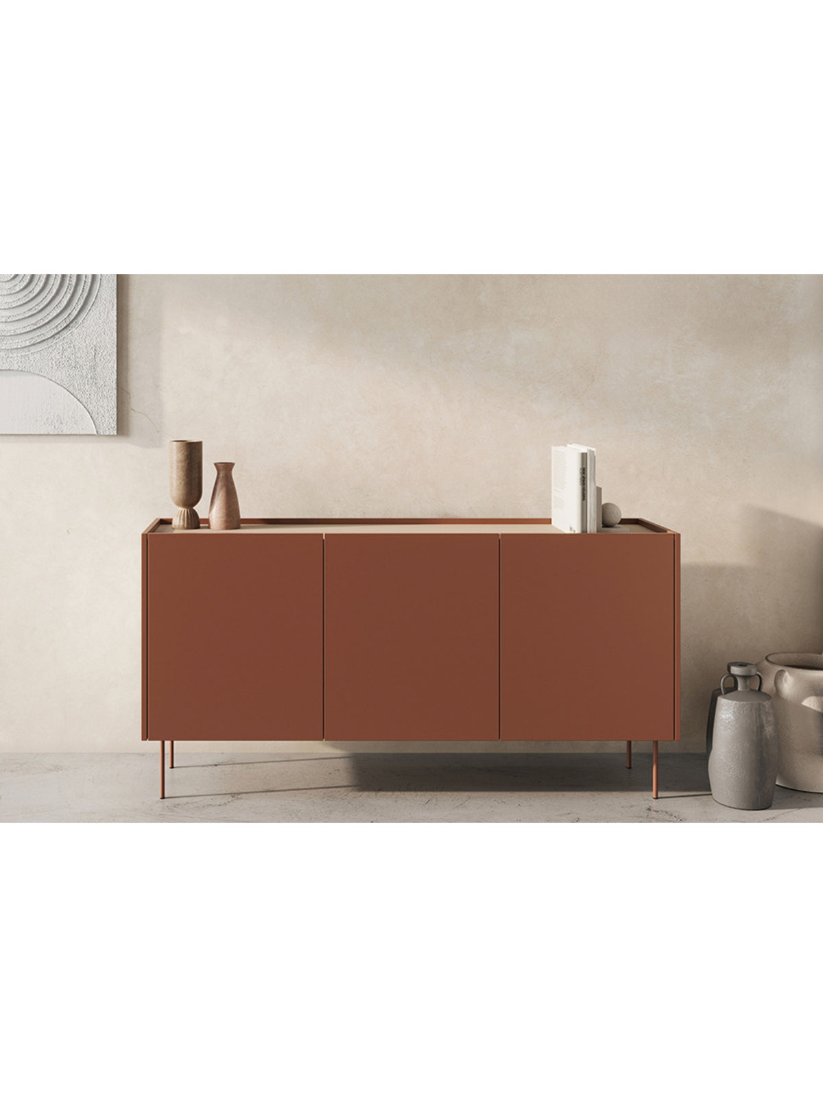 Komoda Desin 170 cm czerwony ceramic red z blatem dąb nagano, trzydrzwiowa, nowoczesna