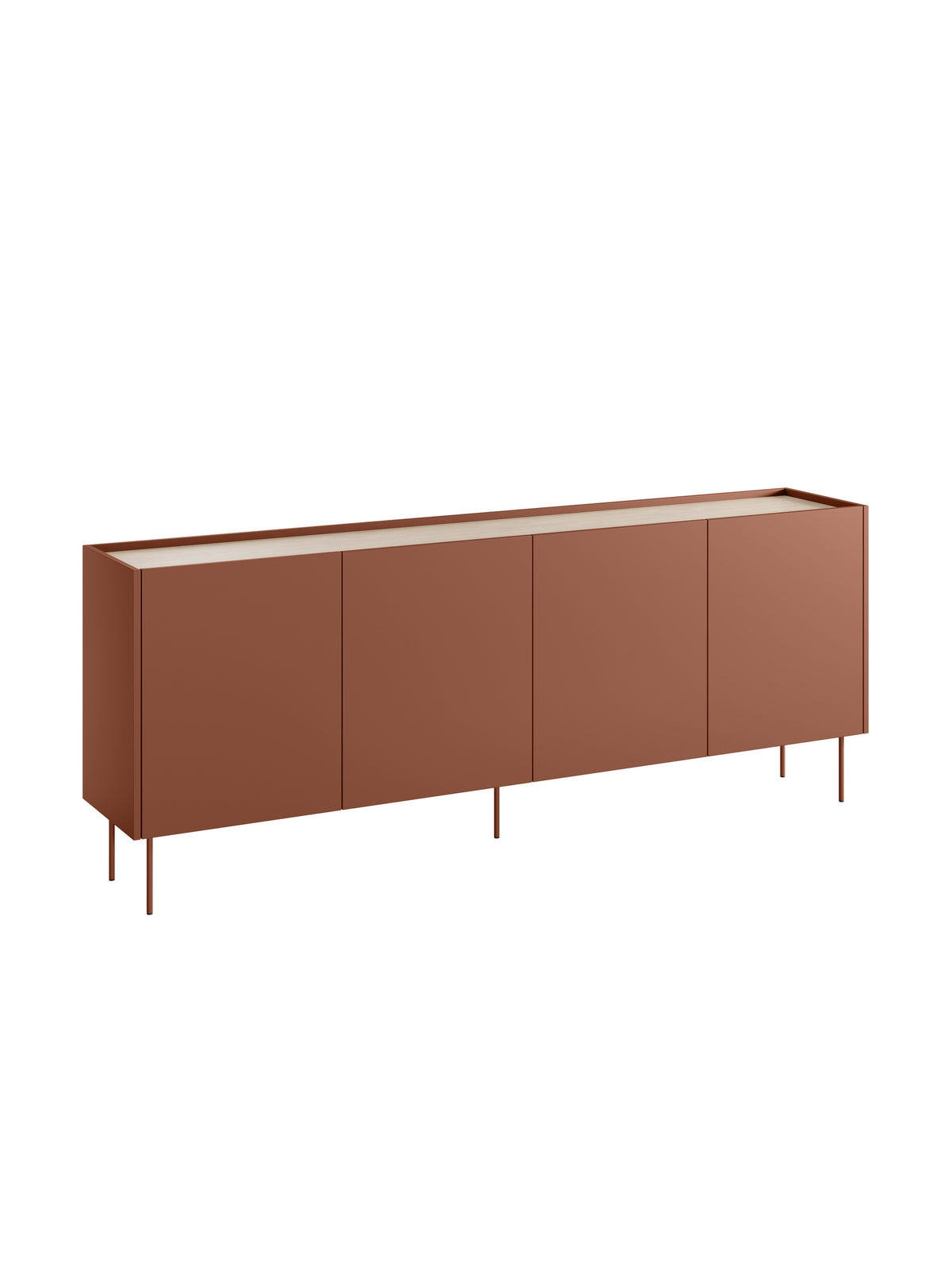 Komoda Desin 220 cm v barvě ceramic red mat s dvěma skrytými zásuvkami a vrchem dąb nagano