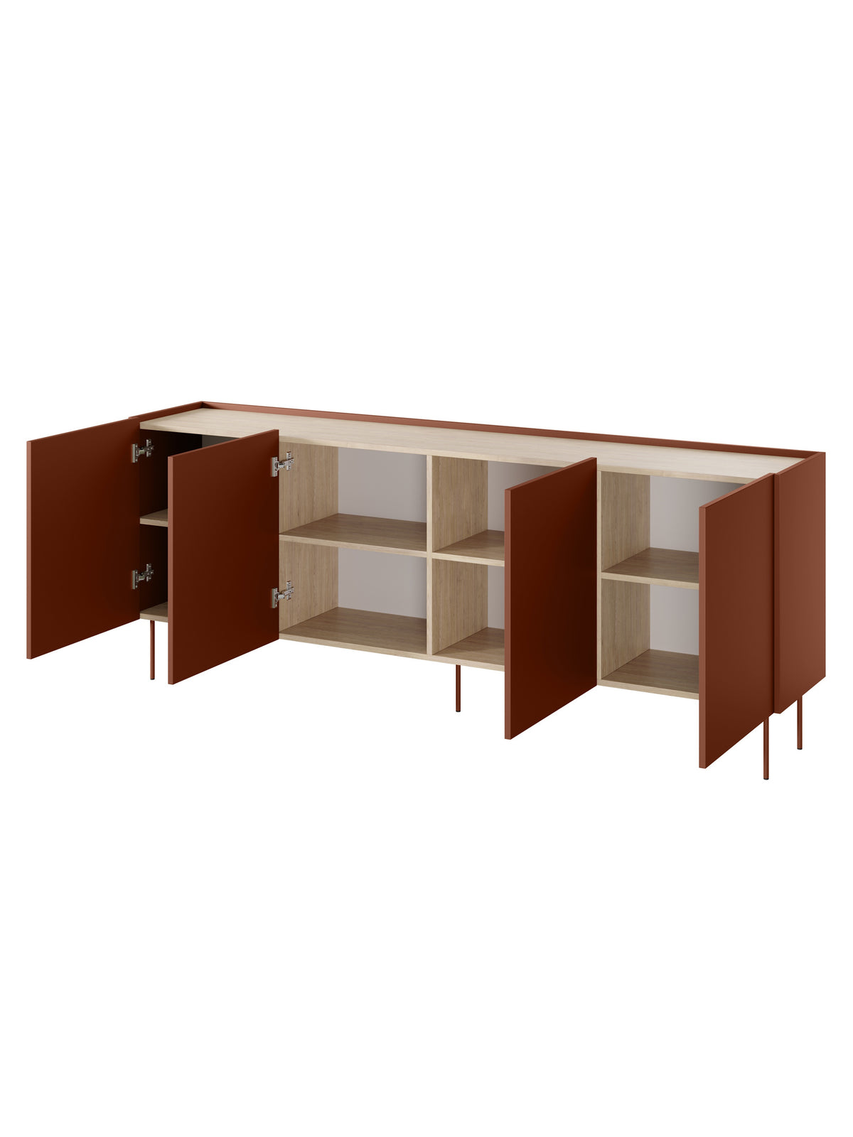 Komoda Desin 220 cm se čtyřmi dvířky v barvě ceramic red s vrchní deskou dub nagano, otevřená dvířka