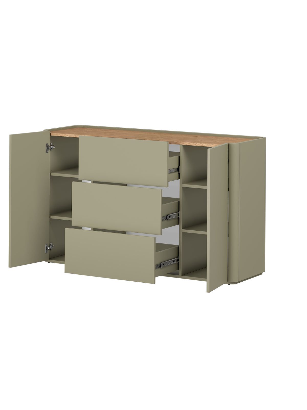 Komoda Elivo 150 cm olivová se zásuvkami a dvířky, deska dub baltic dune