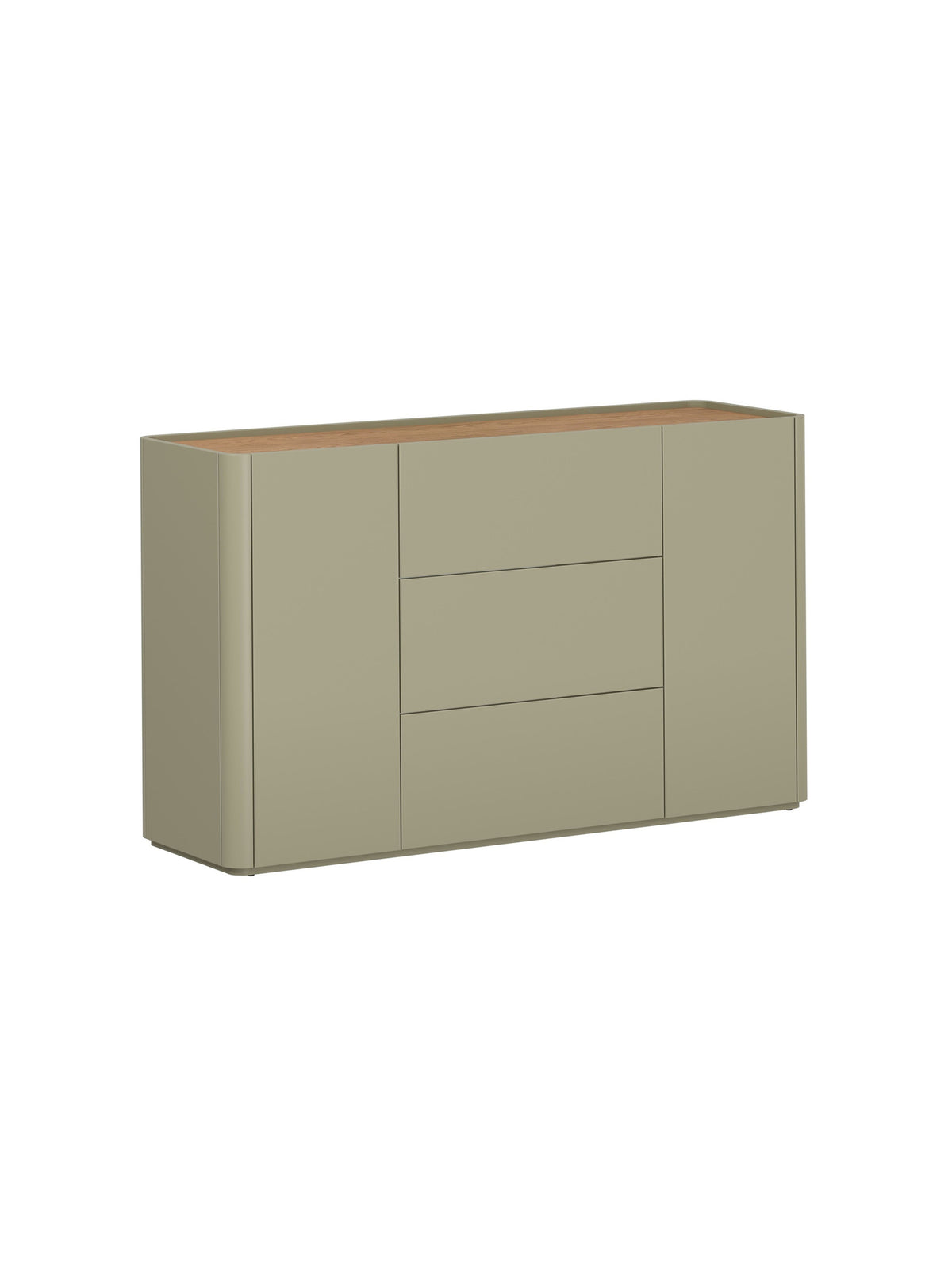 Komoda Elivo 150 cm v eukalyptovém odstínu s deskou dřeva Baltic dune, 2 dveře, 3 zásuvky