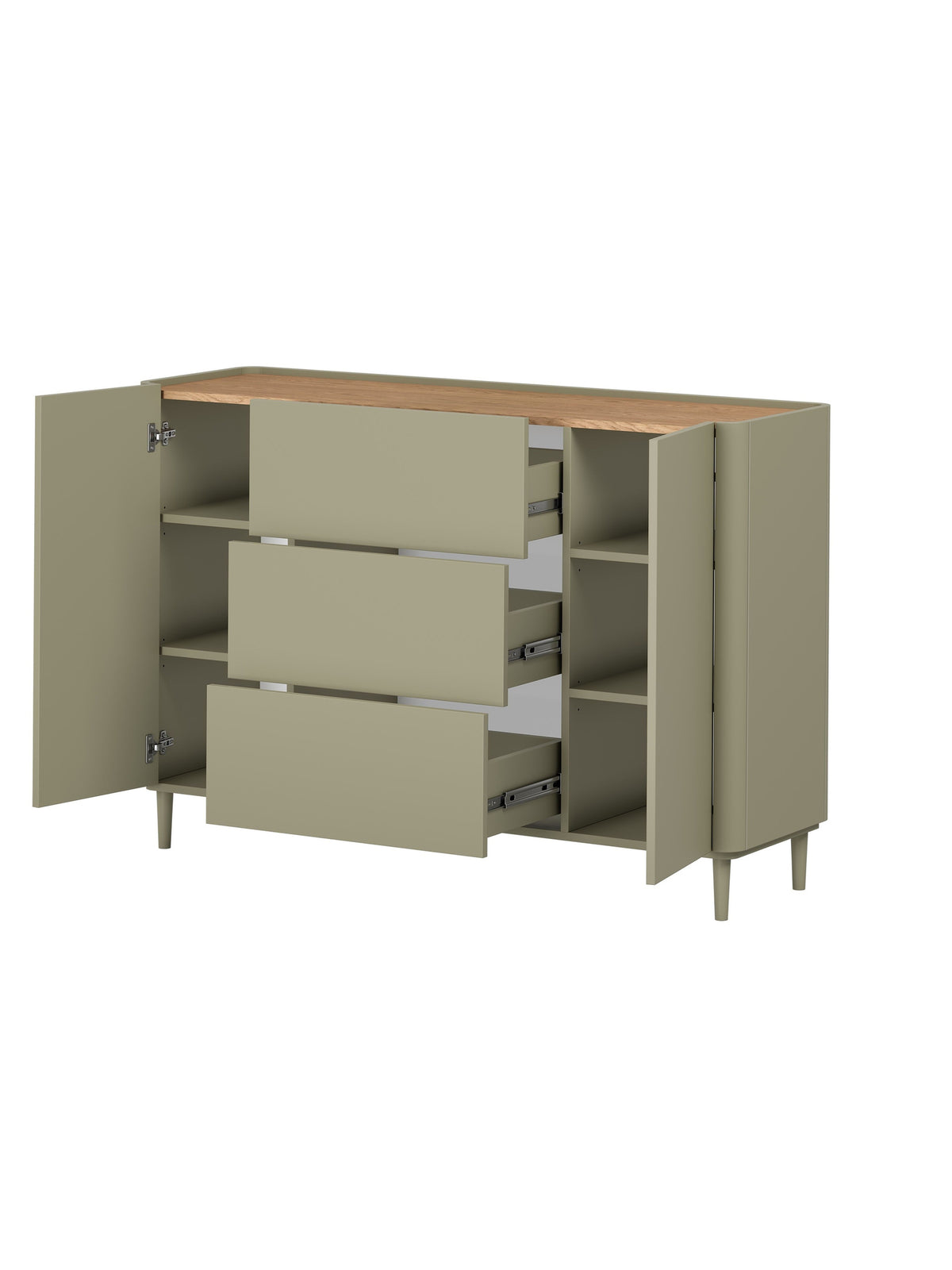Komoda Elivo 150 cm se zásuvkami a dvířky v barvě eukalyptus s deskou dub baltic dune
