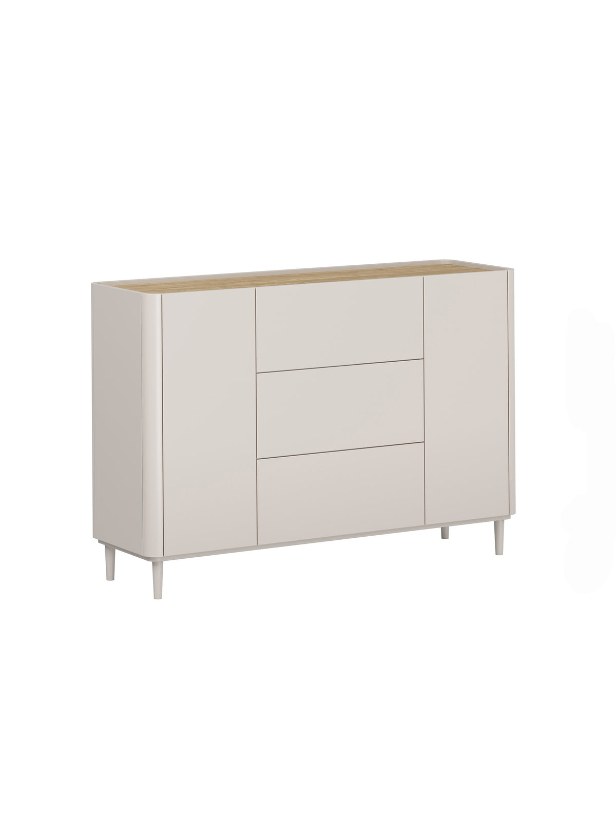 Komoda Elivo 150 cm kašmír se zásuvkami a dubovou deskou na nožkách
