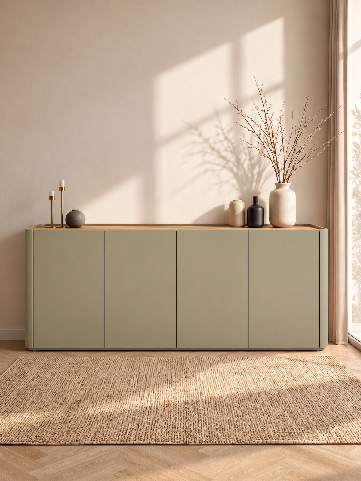 Komoda Elivo 200 cm se čtyřmi dveřmi v olivové barvě s deskou dąb baltic dune