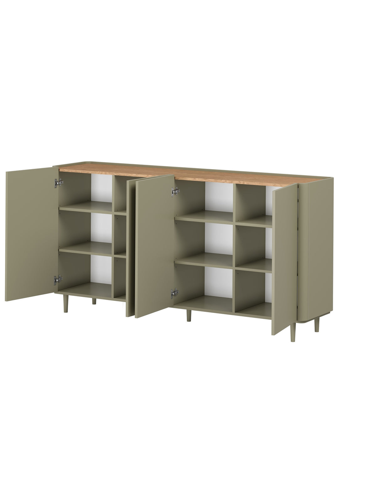 Komoda Elivo 200 cm se čtyřmi dveřmi na nožkách v barvě eukalyptus s deskou dub baltic dune