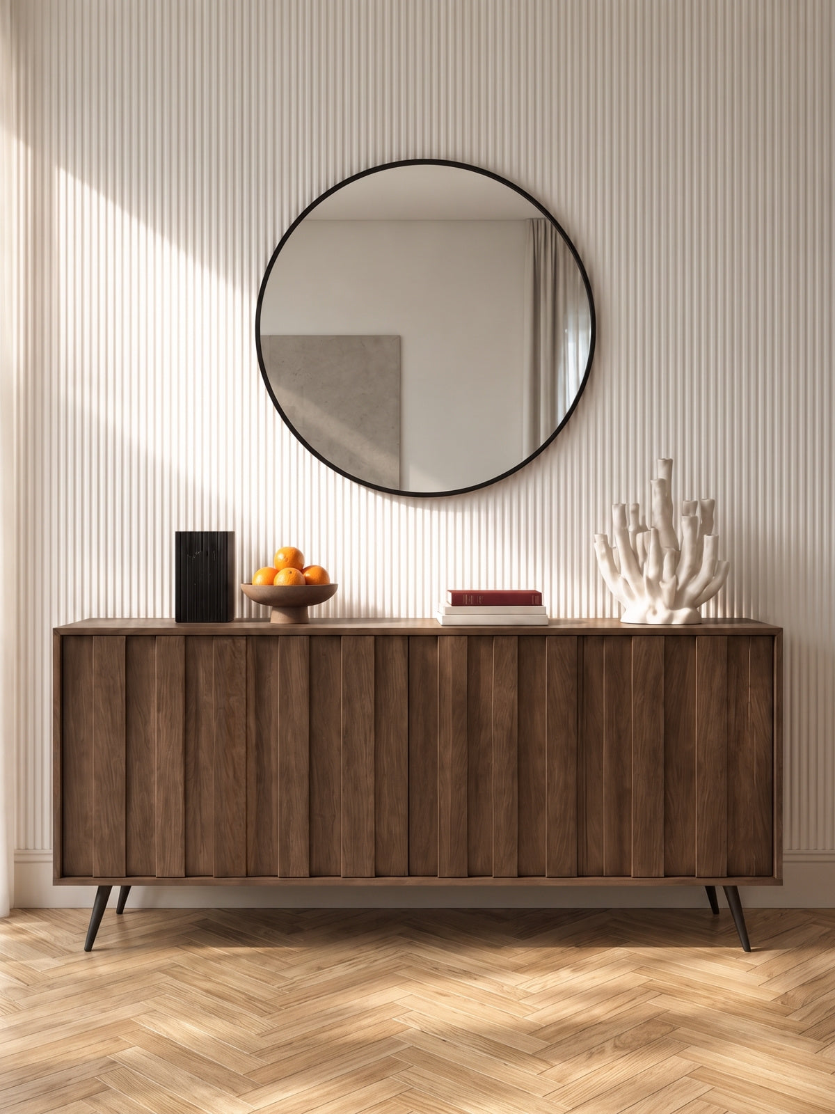 Komoda Flaro 183 cm v barvě dub dunin s černými nohami a teplým LED osvětlením