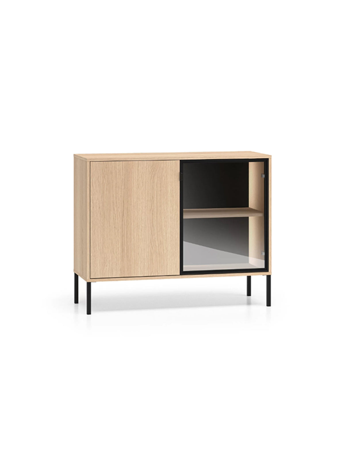 Komoda Harmona 107 cm dvoudveřová s LED osvětlením, dub lindberg, černé nohy