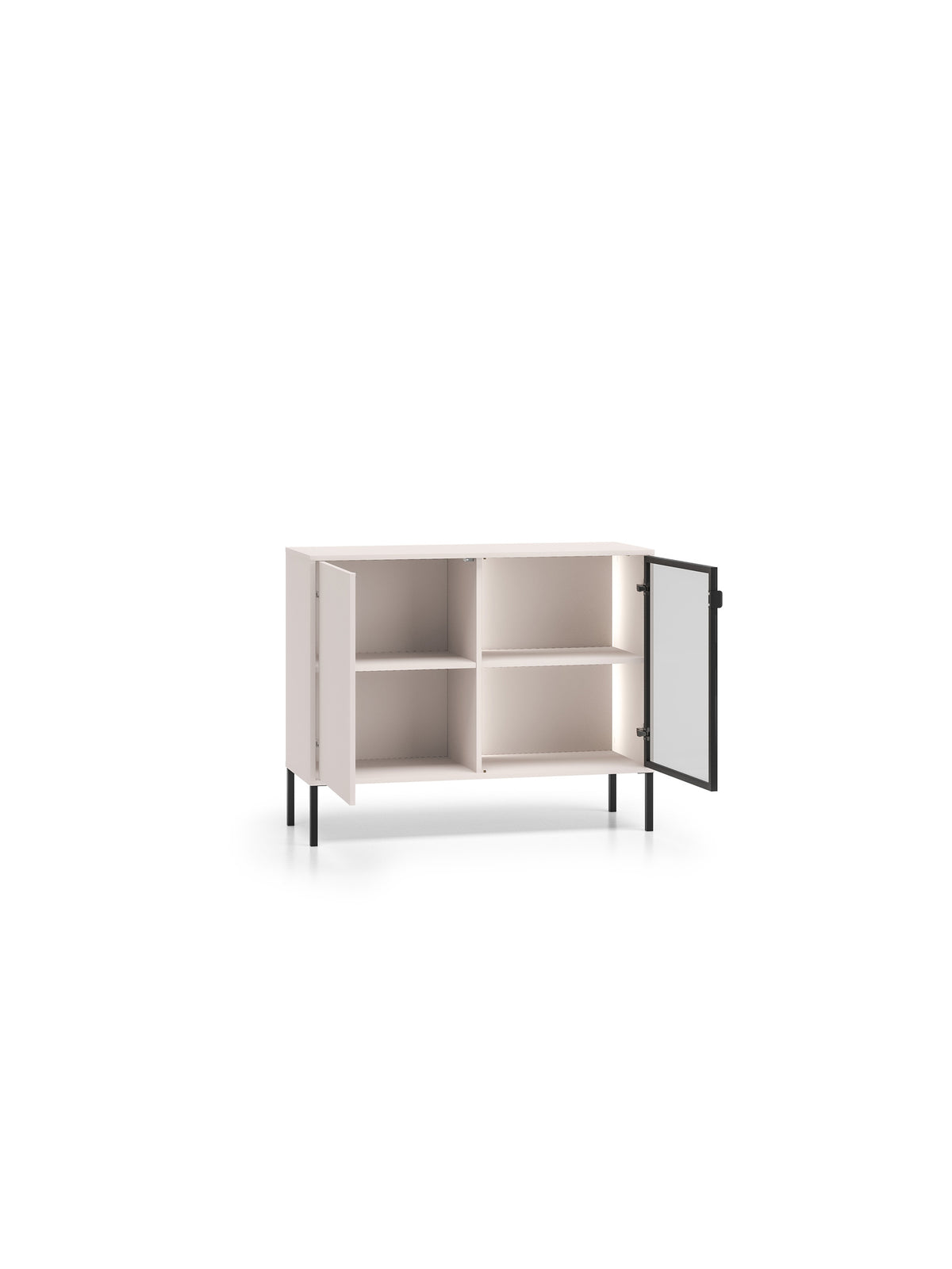 Komoda Harmona 107 cm s dvěma dveřmi v barvě kašmíru s LED osvětlením, otevřené dveře s hliníkovým rámem