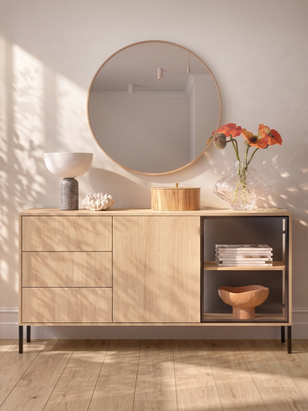 Komoda Harmona 160 cm s jasnými dvířky duba lindberg, černé nohy a LED osvětlení