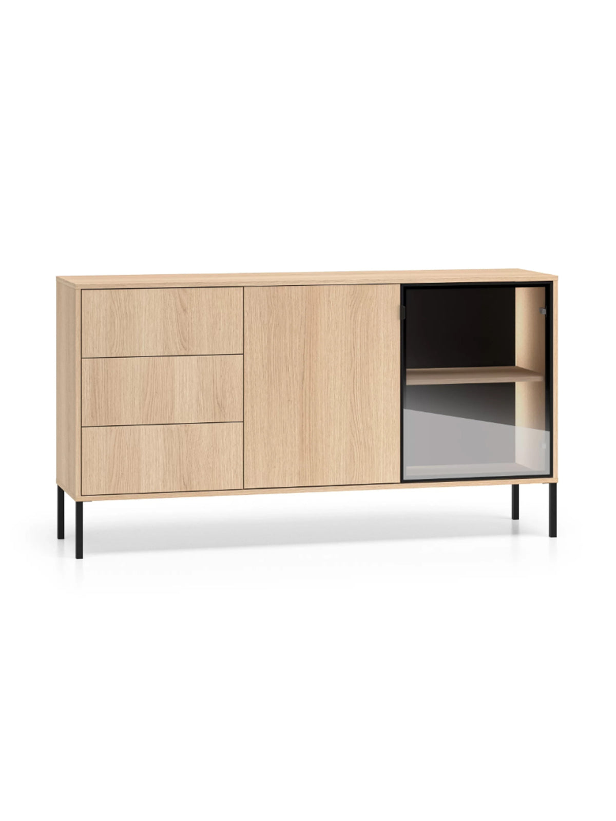 Komoda Harmona 160 cm se zásuvkami, skříňkami a LED osvětlením, barva dub lindberg, černé nohy