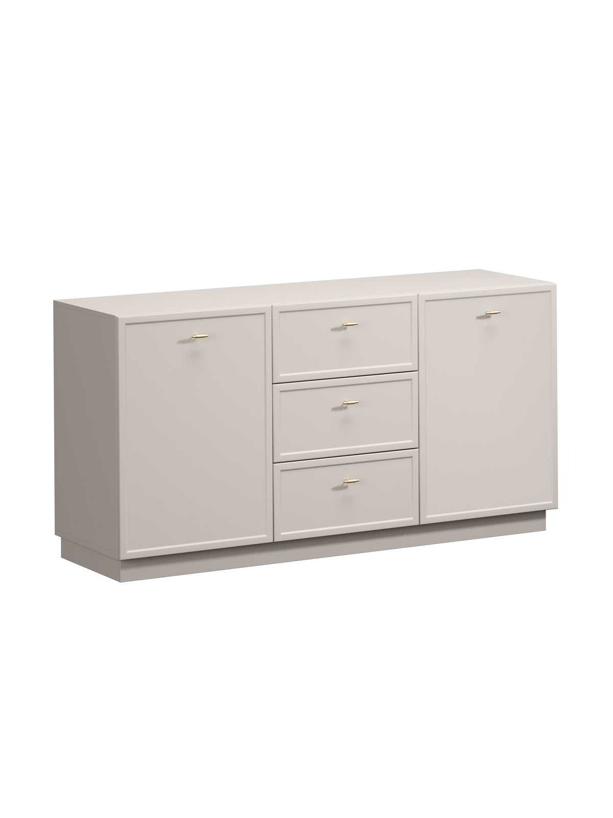 Komoda Lorini 150 cm kaszmir z trzema szufladami i złotymi uchwytami T-bar