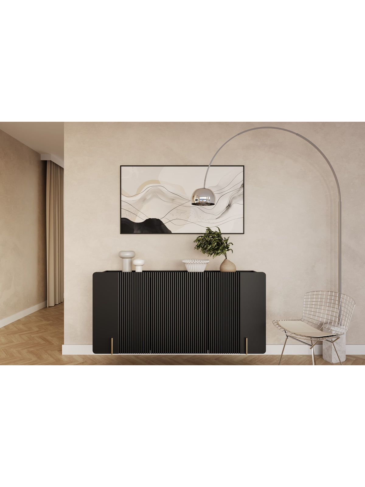 Komoda Malmi 150 cm závěsná - černá mat / zlatá