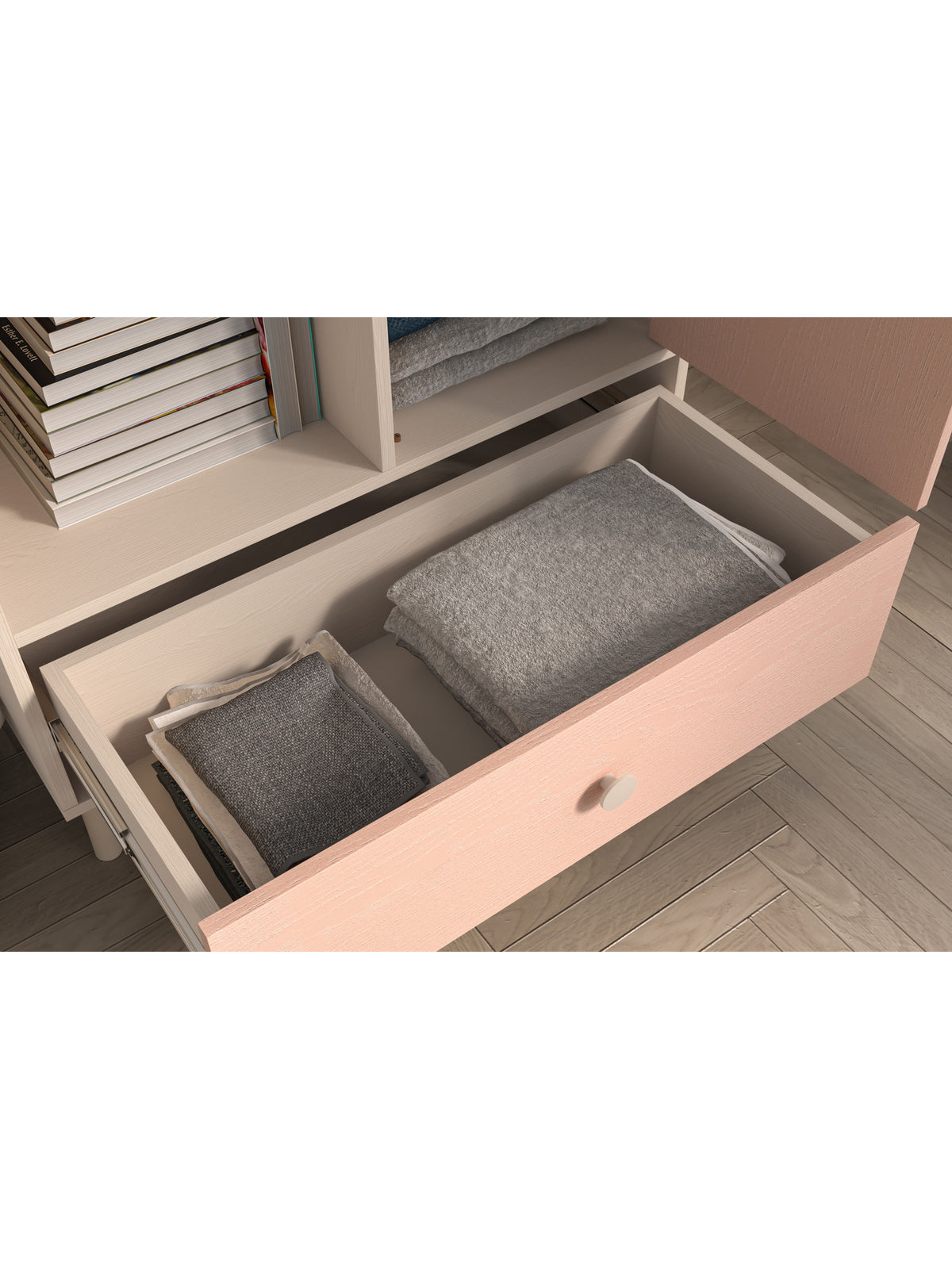 Dětská komoda Marla 80 cm s otevřenou růžovou zásuvkou a vloženými boxy