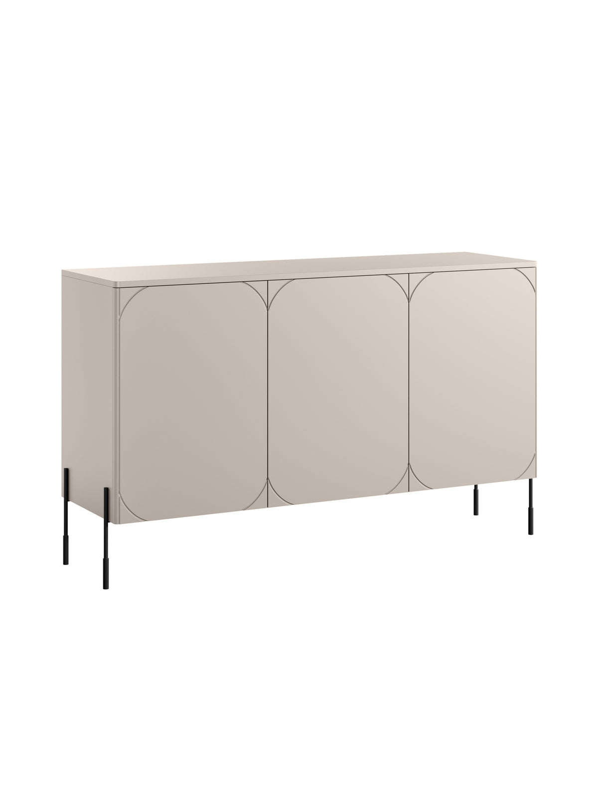 Komoda Sonatia 150 cm třídvéřová cashmere s černými nohami, pohled zepředu