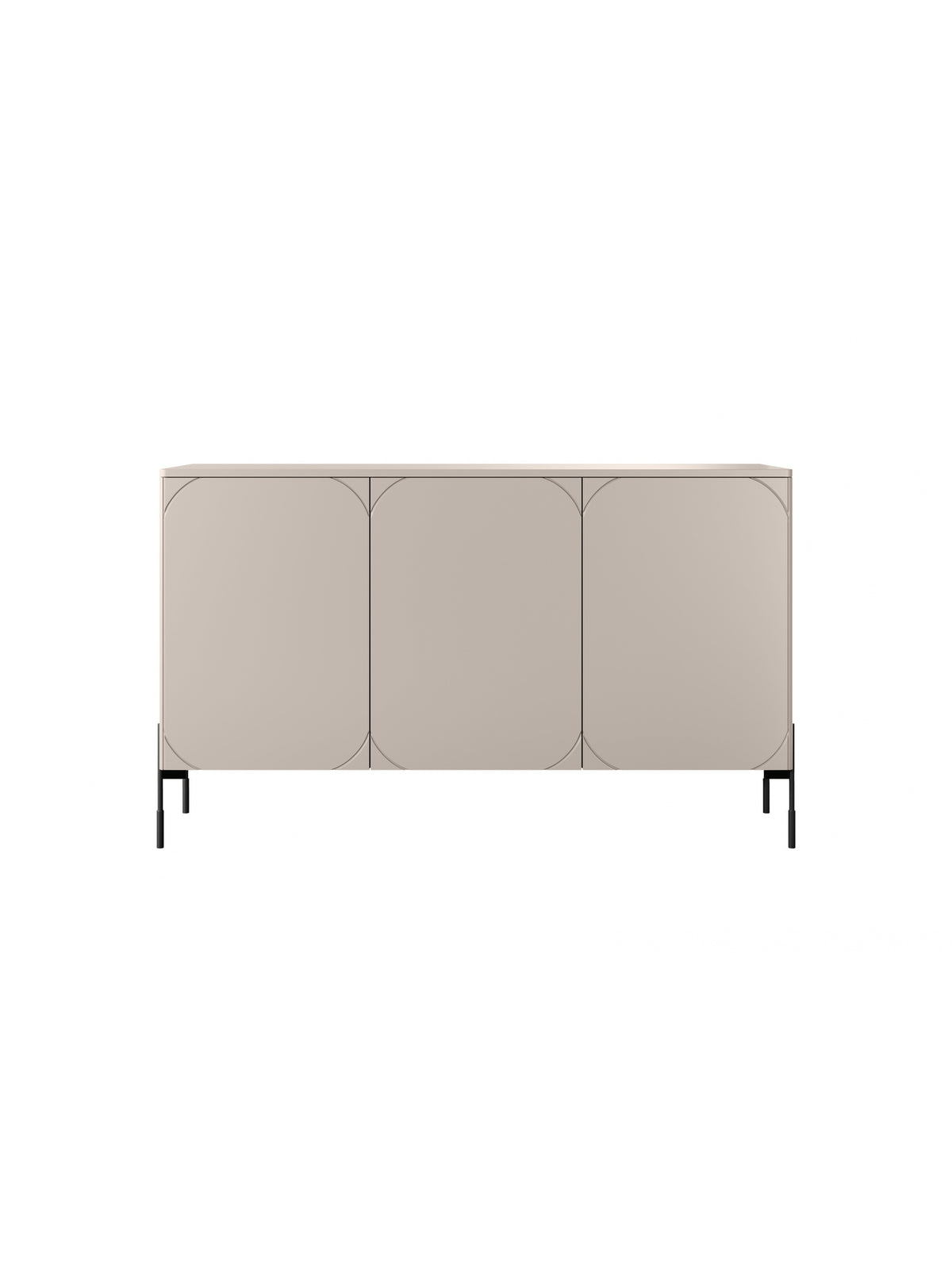 Komoda Sonatia 150 cm se třemi dveřmi v barvě cashmere s černými kovovými nohami zepředu