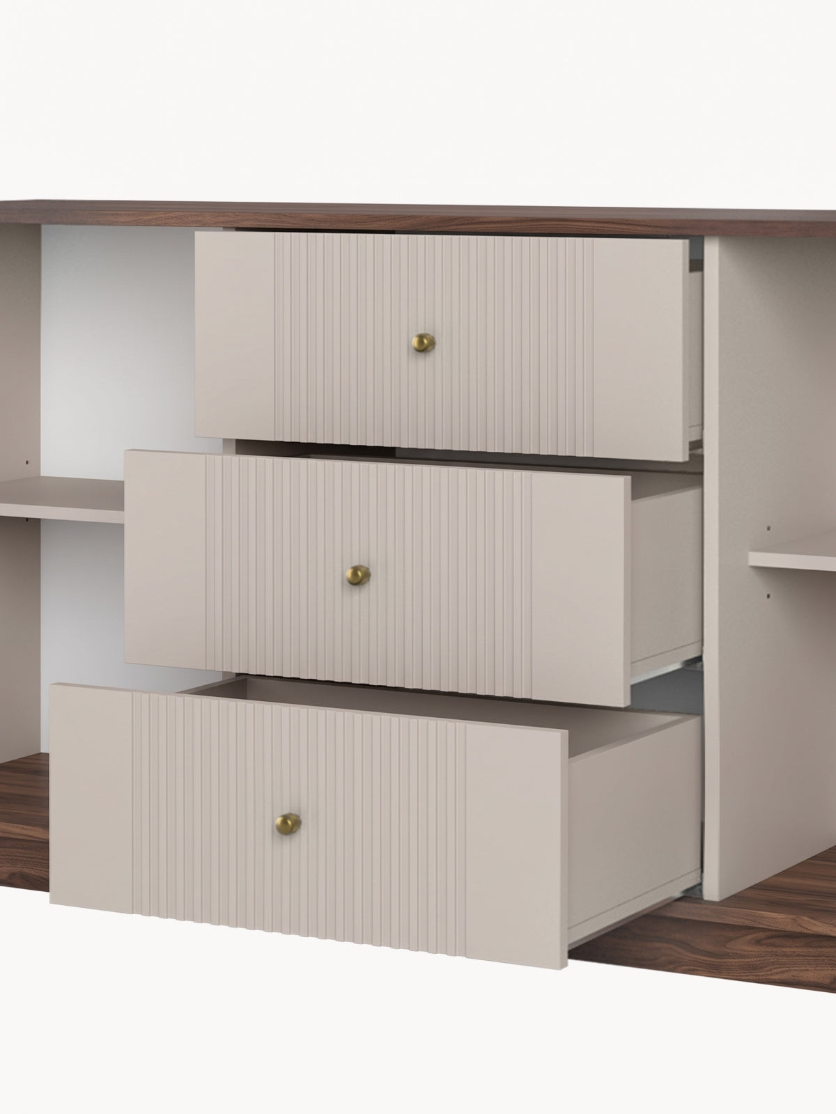 Komoda Vesper 160 cm se zásuvkami na soklu - kašmír / ořech / zlote Úchytky