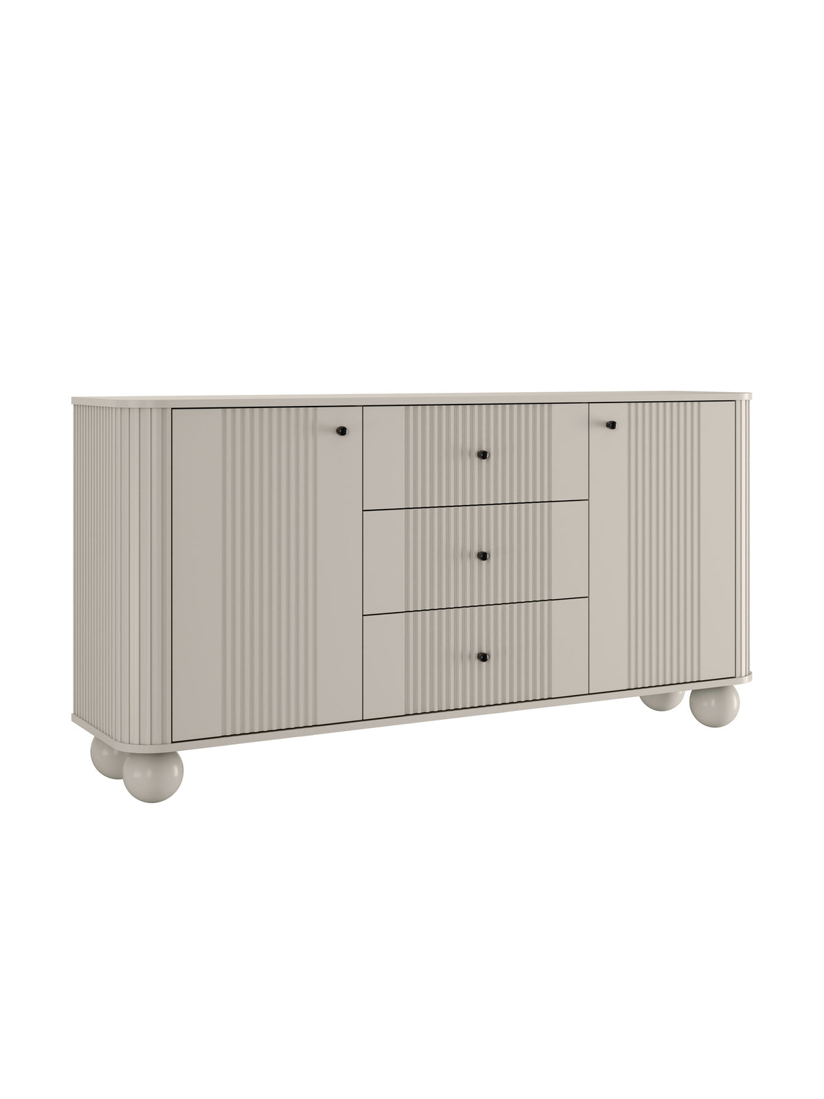 Komoda Vesper 160 cm kaszmir z ryflowanymi frontami i czarnymi uchwytami, nogi kule