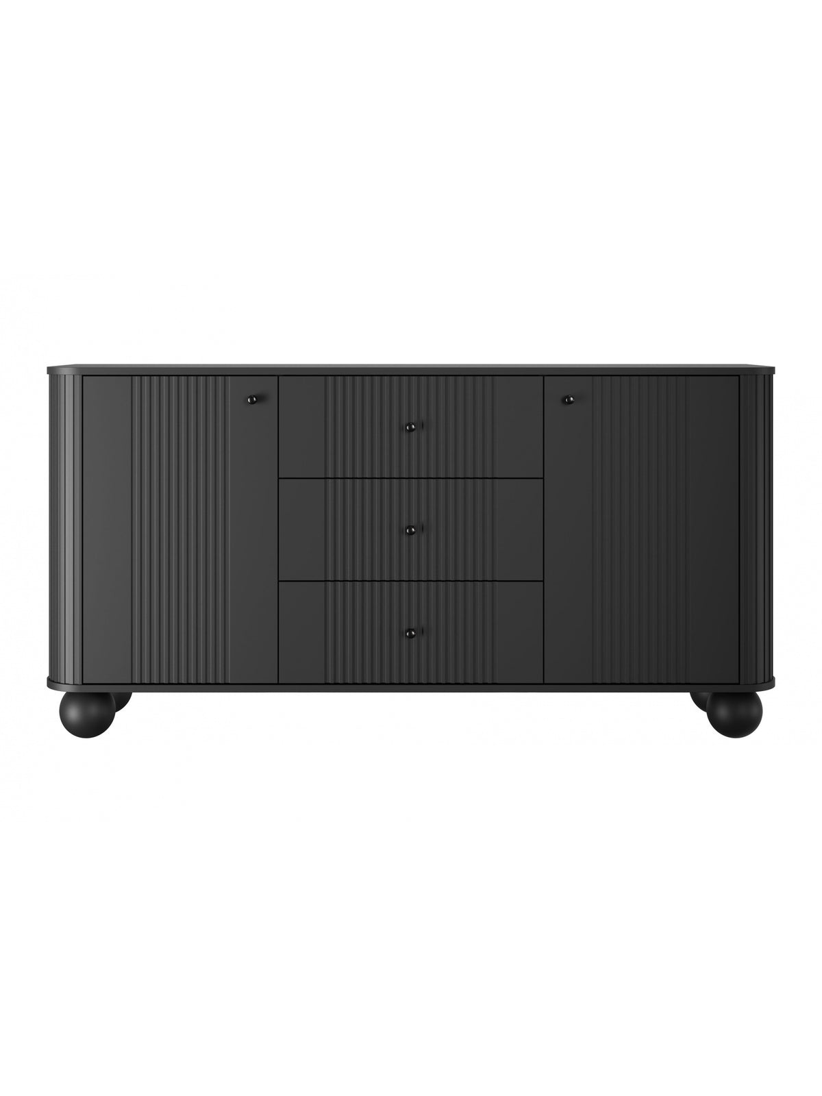 Černá komoda Vesper 160 cm s drážkovanými předními deskami a kulatými nohami
