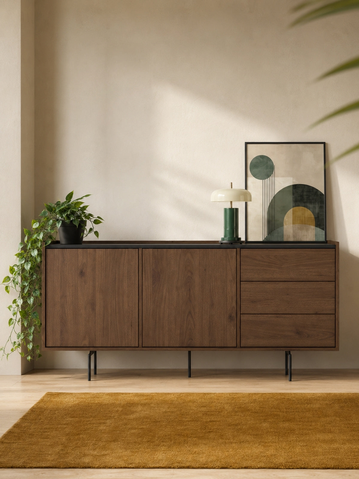 Komoda Zenar 170 cm se třemi zásuvkami, ořech elegant s černou deskou a nohami