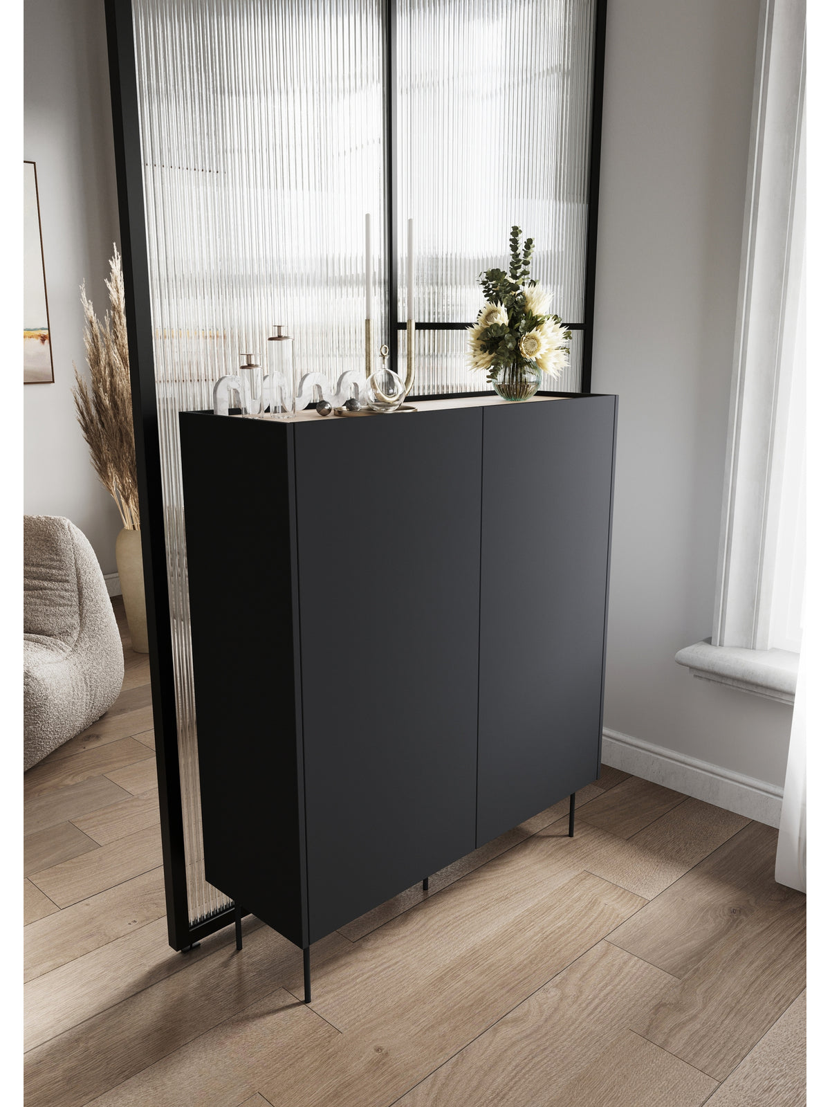 Kredenc Desin z ukrytymi zásuvkami i metalowymi nogami 120 cm - černá mat / dub nagano