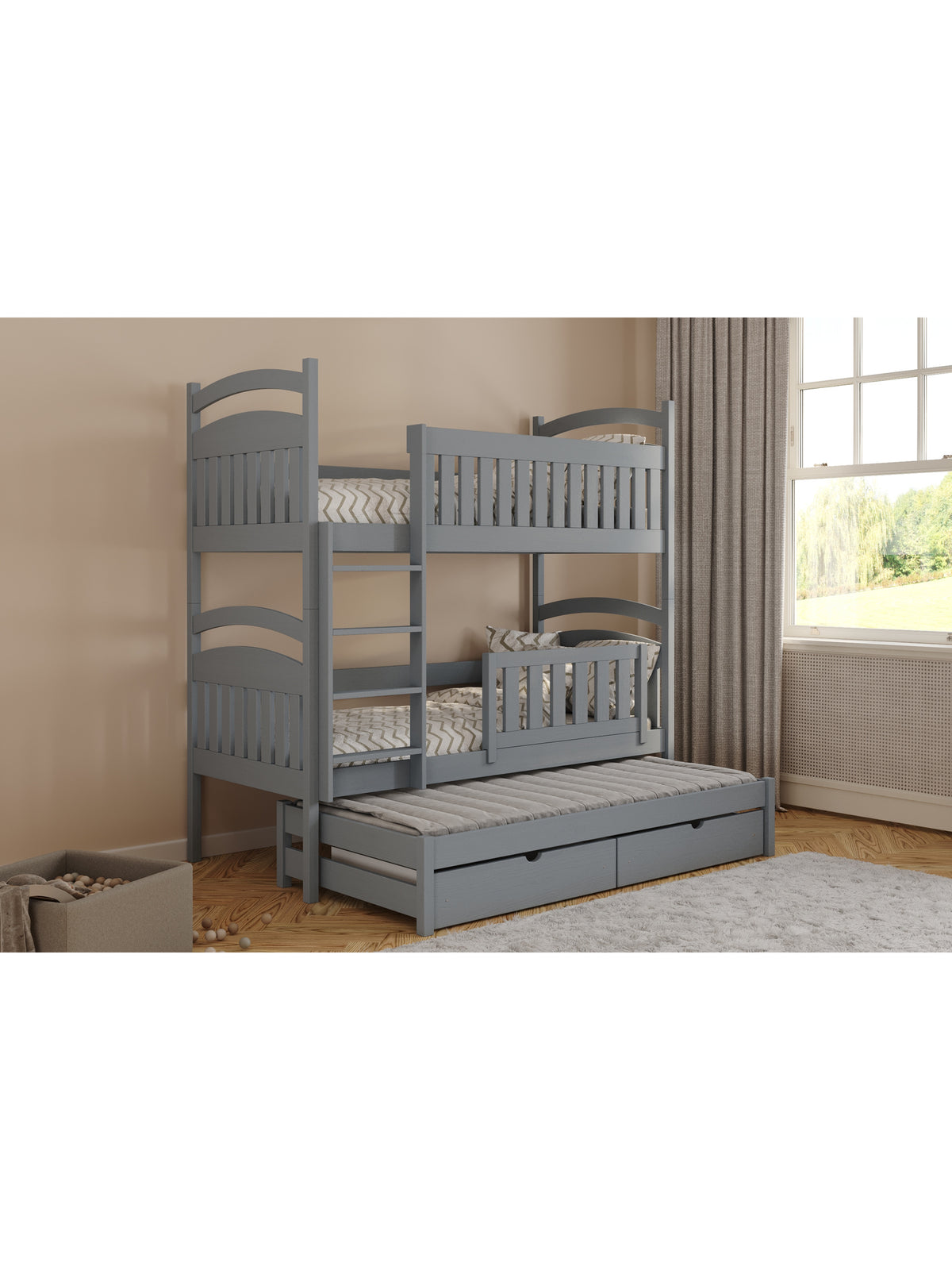 Šedá poschoďová postel Amely 80x180 s výsuvnou částí a zásuvkami