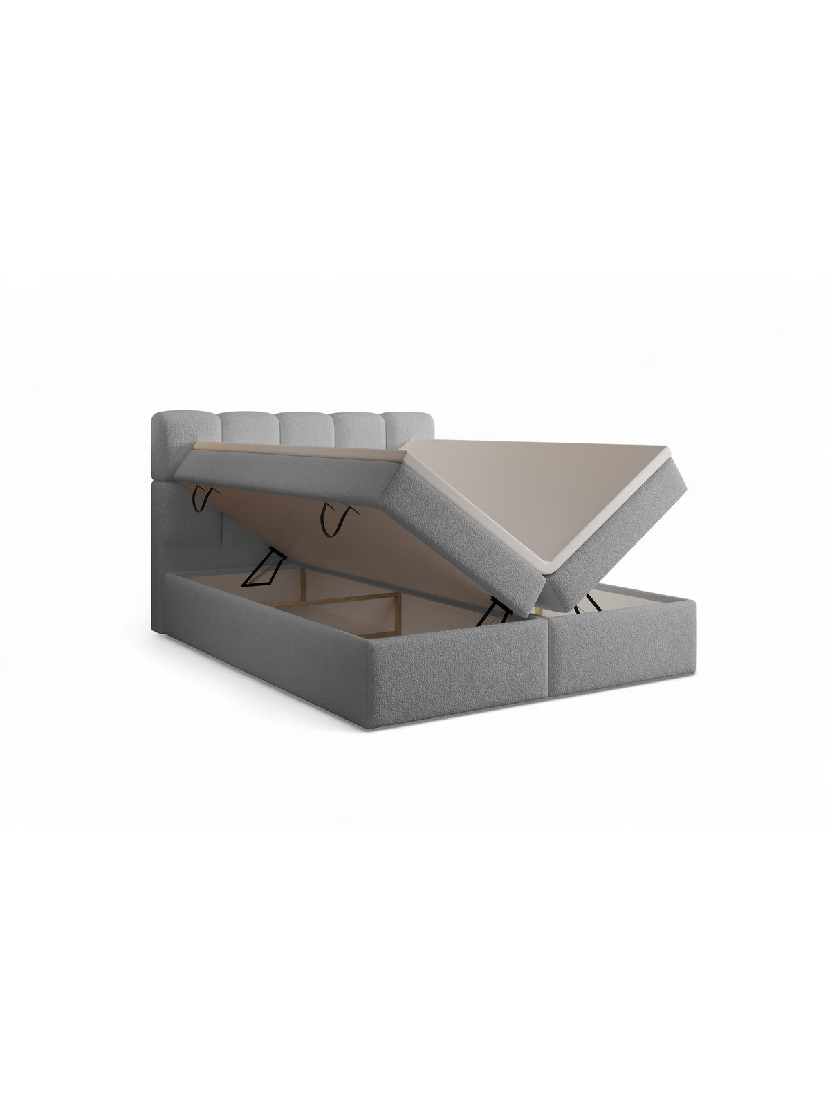 Kontinentální postel Carello 180x200 šedá tkanina boucle s úložnými boxy otevřenými do stran