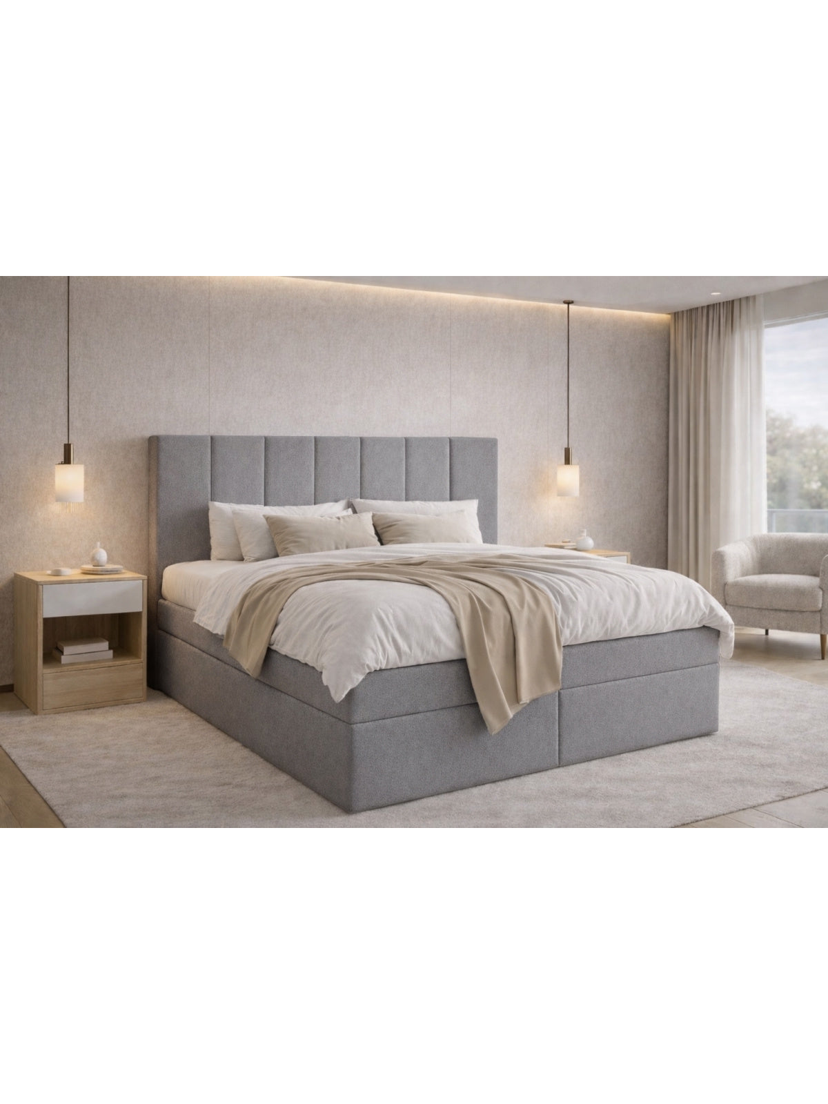 Kontinentální postel Mareli 180x200 v šedé tkanině boucle Quelle 83 s vysokým opěradlem