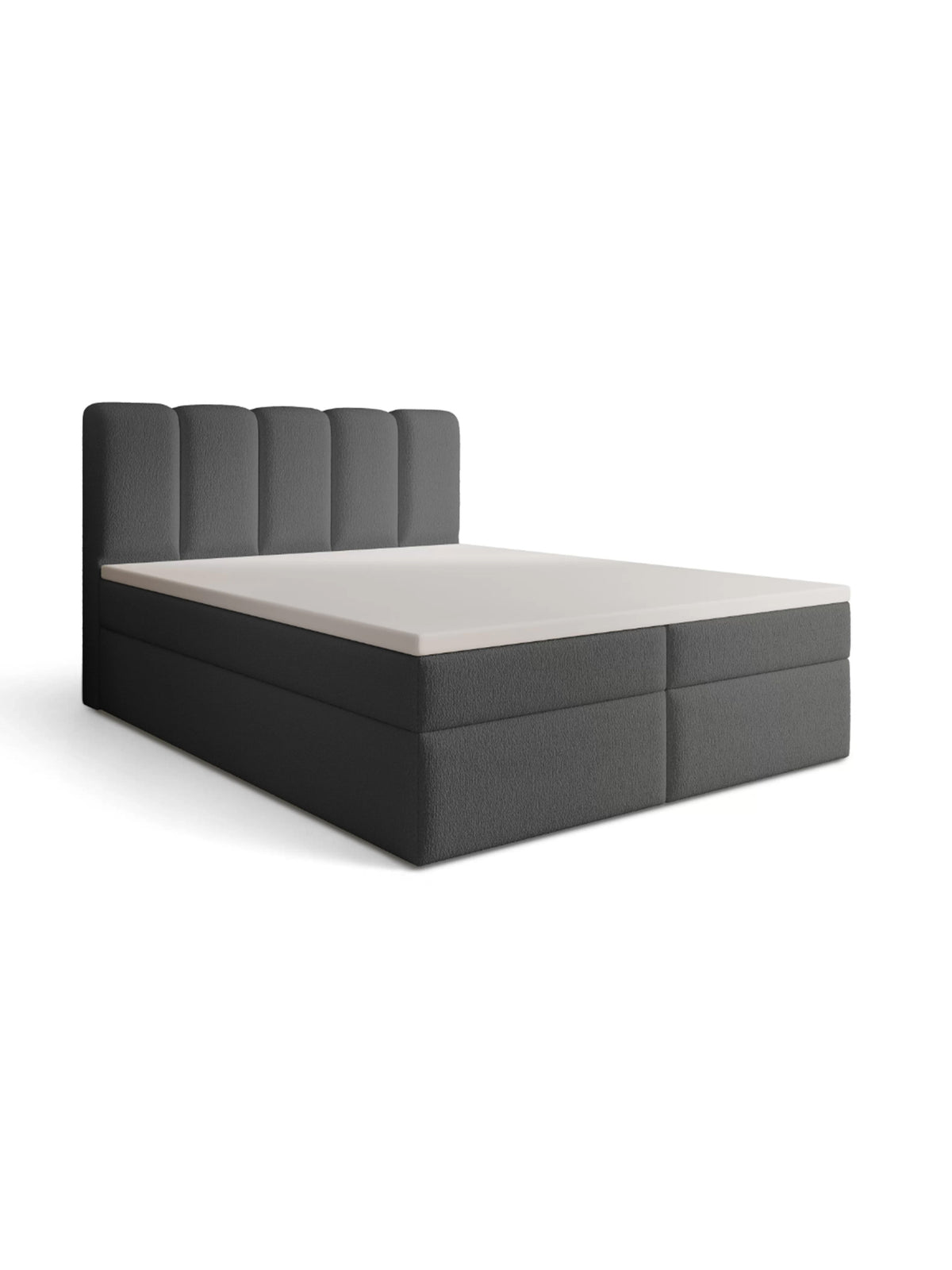 Kontinentální postel Tenor 180x200 v tmavě šedé barvě bouclé s úložným prostorem, boční pohled