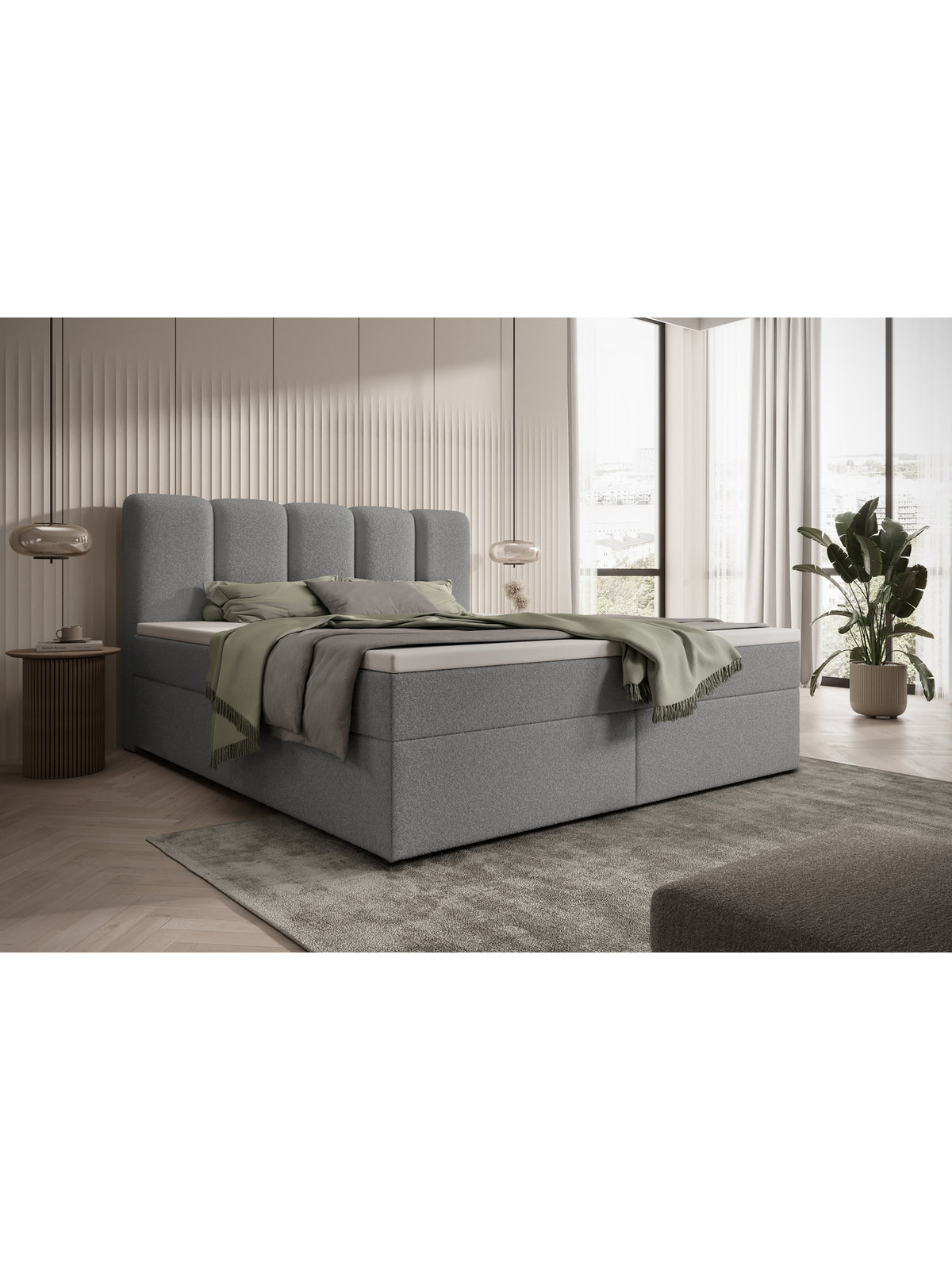 Kontinentální postel Tenor 180x200 v šedé boucle látce s úložným prostorem, pohled z boku
